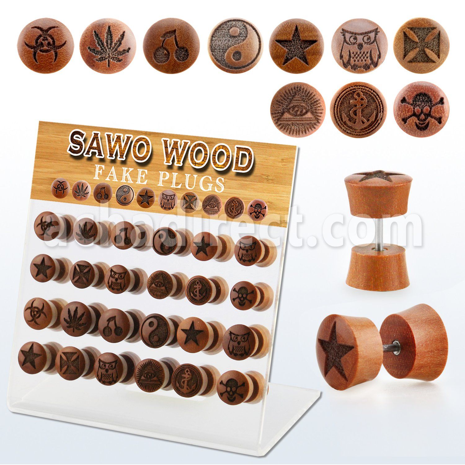dacb218 display acrilico 24 plugs falsos madera sawo variados barra acero quirurgico logos rayados laser 8mm 10mm mayorista
