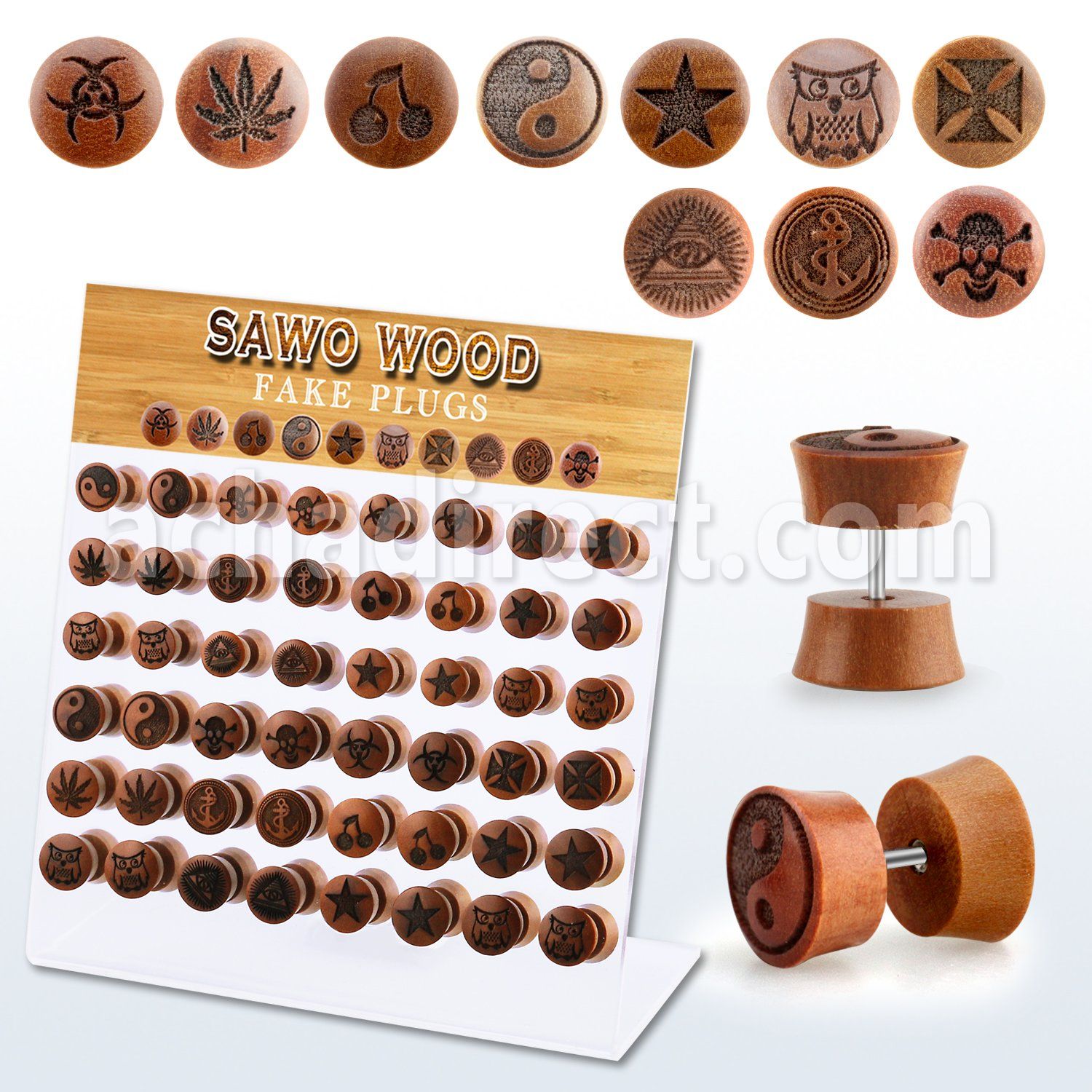 dacb219 display acrilico 48 plugs falsos variados madera sawo barra acero quirurgico logos rayados laser 8mm 10mm distribuidor