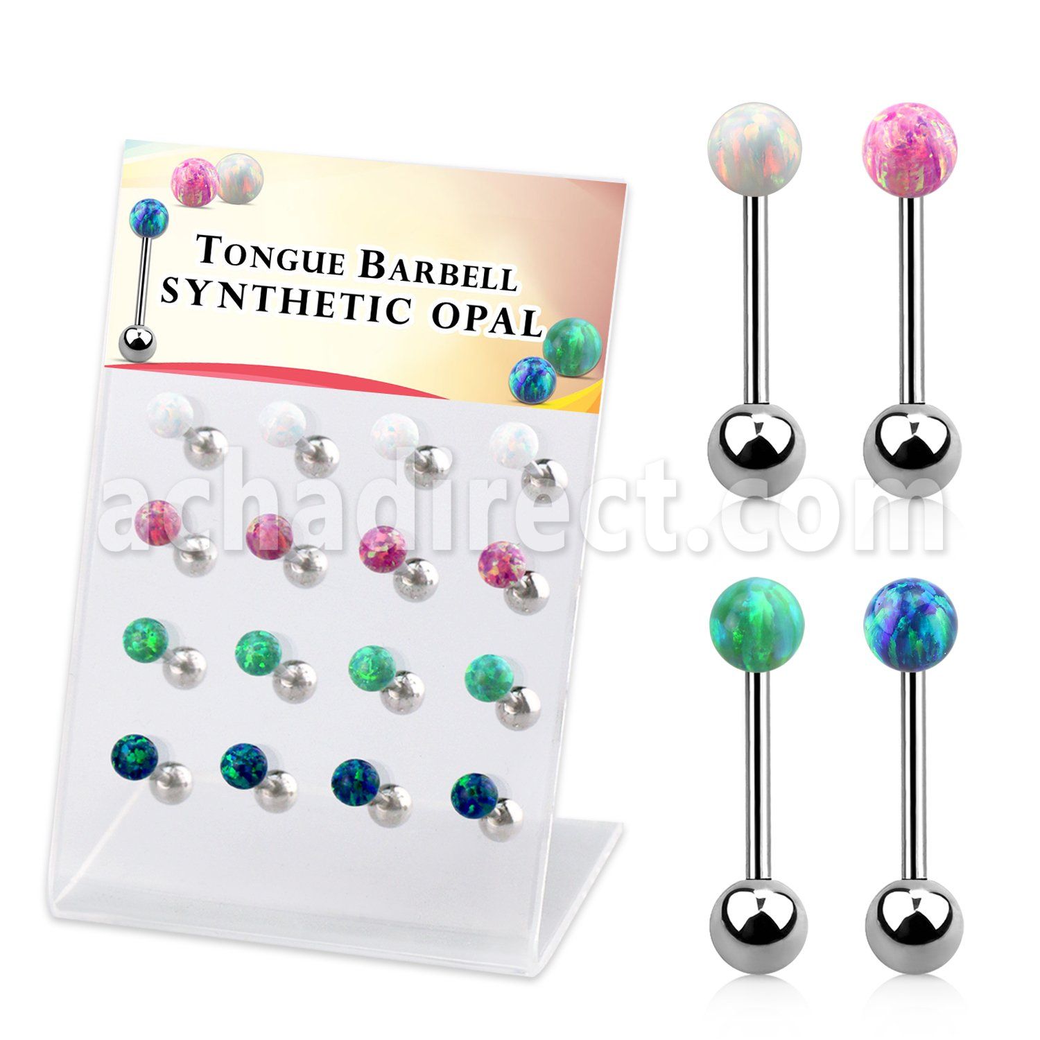 dacb222 display 16 barbell lengua acero 316l bola opalo 6mm bola acero lisa 6mm 16mm distribuidor mayorista