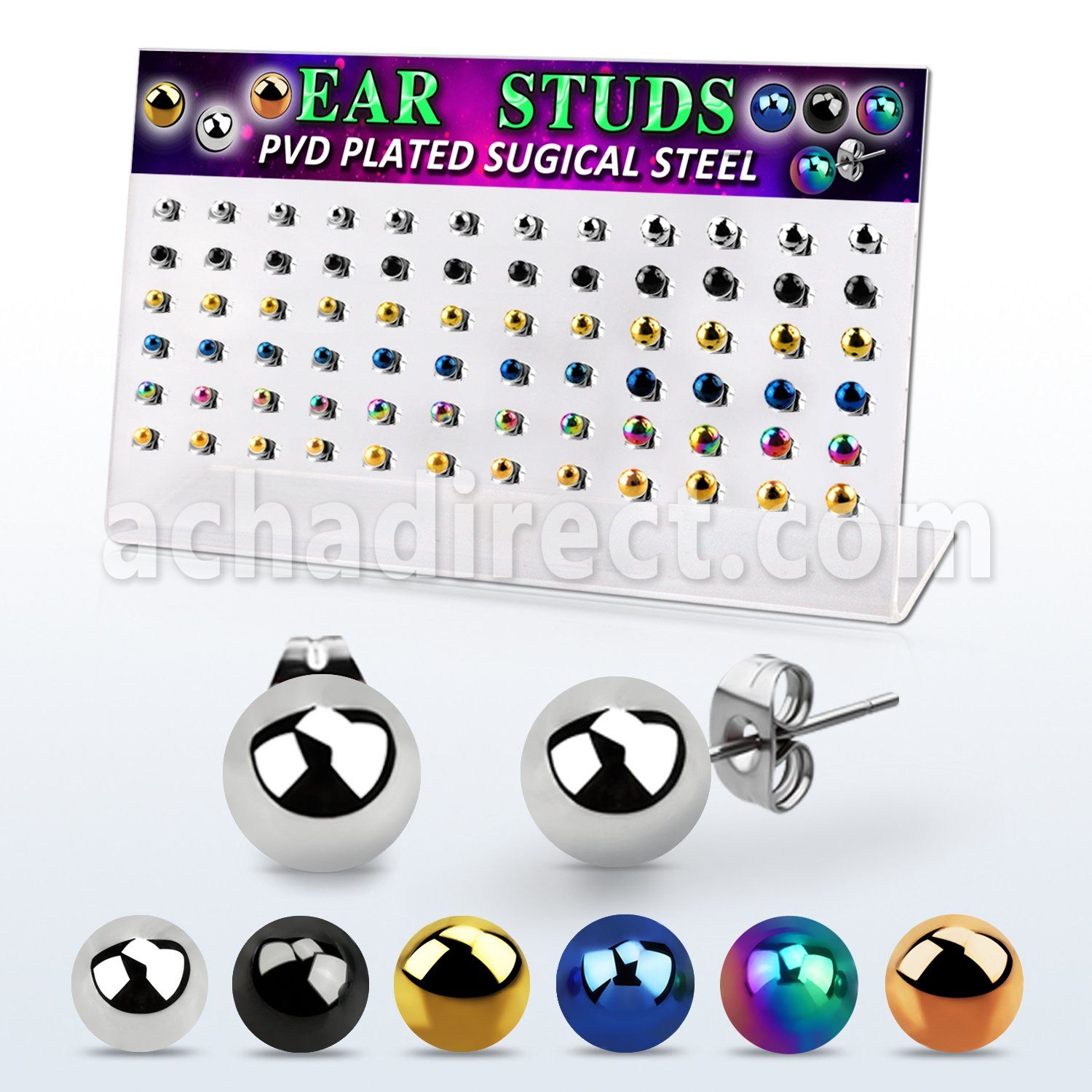 dacb229 display acrilico 36 pares piercings oreja bola acero 316l brillo espejo anodizado  tamano 5mm 8mm mayorista
