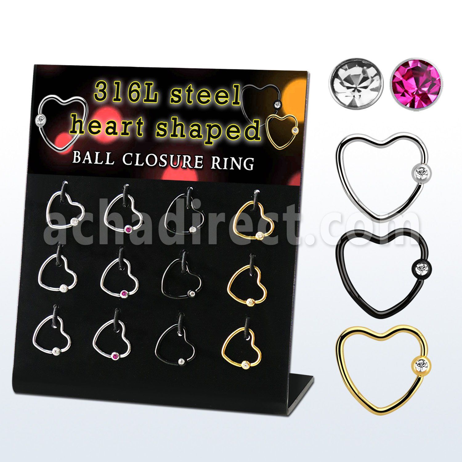 dacb232 display 12 aros bola presion acero 316l liso pvd corazon bolas cierre 3mm cristal bisel distribuidor