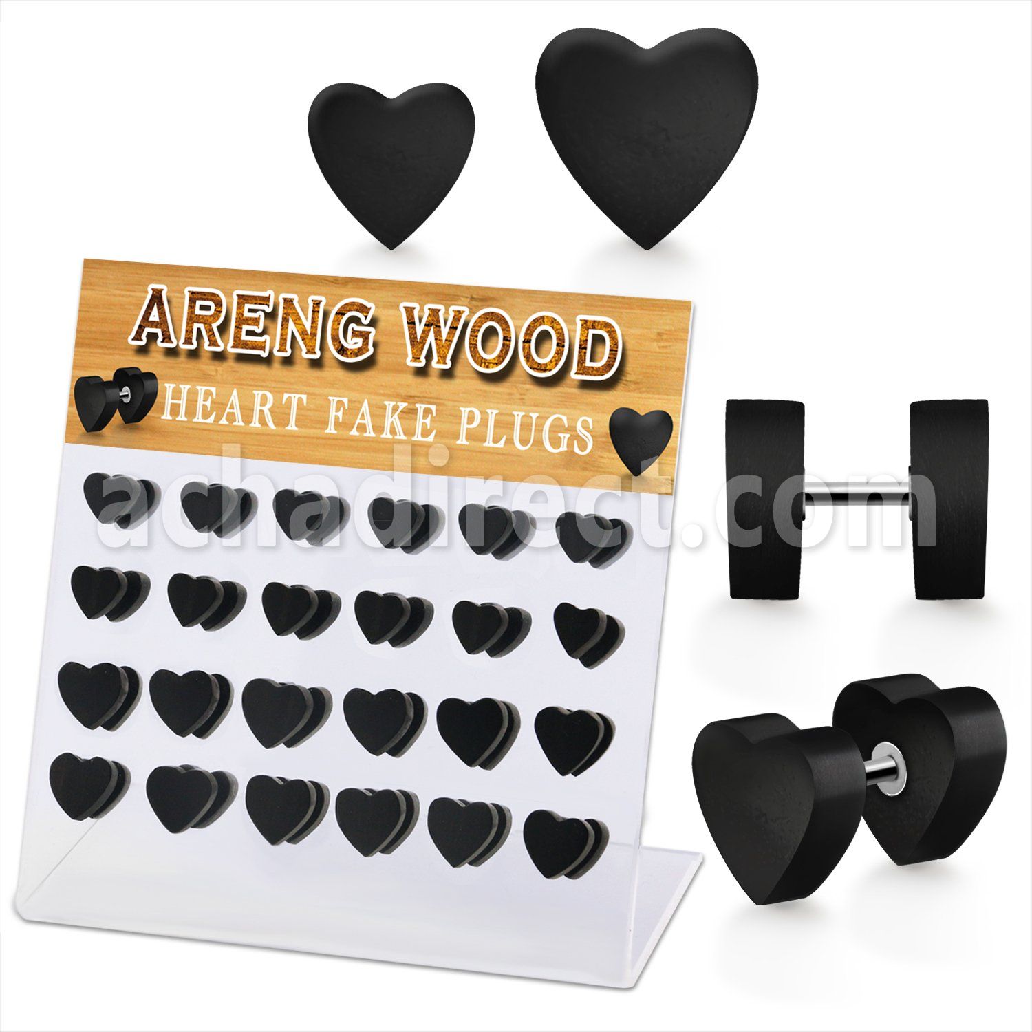 dacb234 display acrilico 24 plug falso madera areng corazon acero 316l 8mm & 10mm distribuidor mayorista