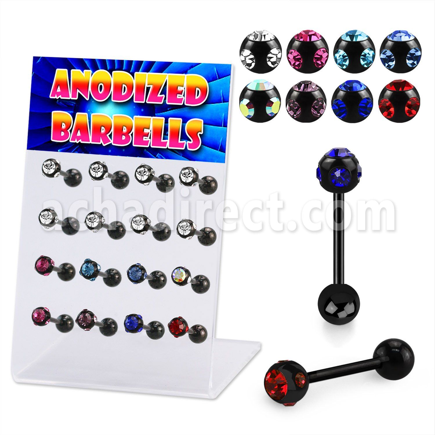dacb2 display 16 barbells lengua acero quirurgico anodizado negro bola multi joya 6mm bola acero liso 6mm 16mm distribuidor