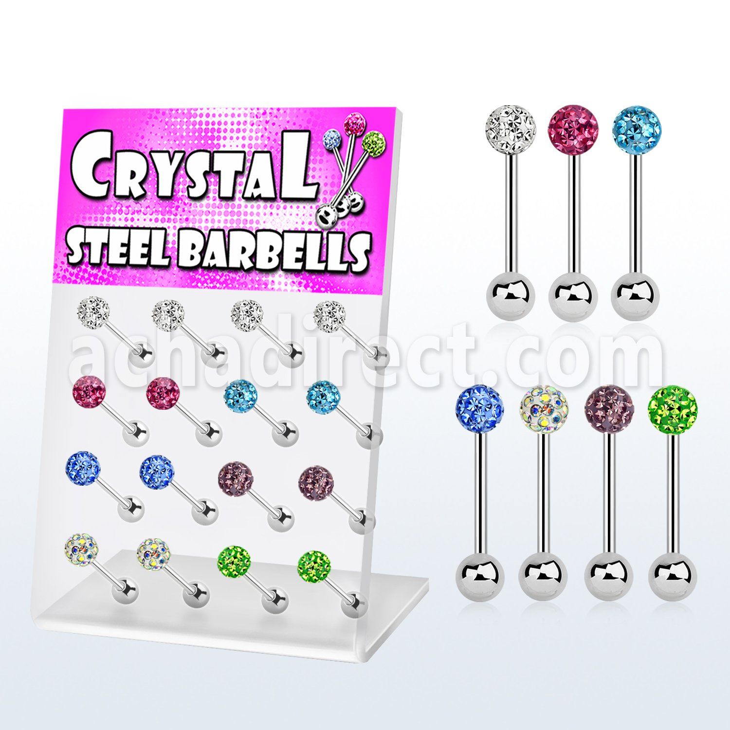 dacb38 display 16 barbell lengua acero quirurgico bola 6mm multi cristal ferido bola acero liso 6mm 16mm distribuidor