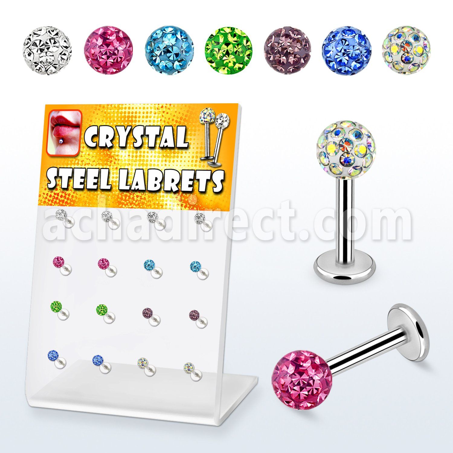 dacb39 display 16 labret acero quirurgico bola multi cristal ferido 4mm distribuidor mayorista