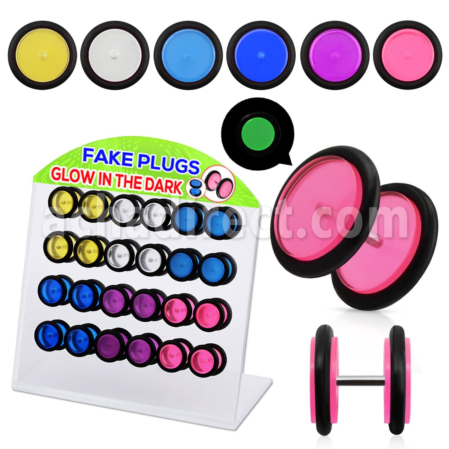 dacb41 display 24 plugs falsos acrilicos brillan oscuridad anillo goma 8mm mayorista