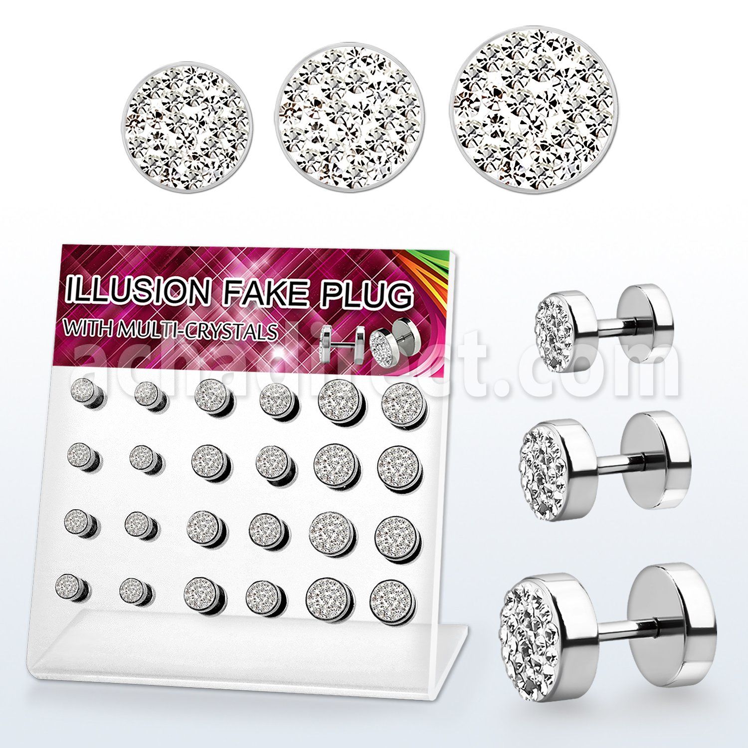 dacb46 display w 24 multi crystal steel fake plugs