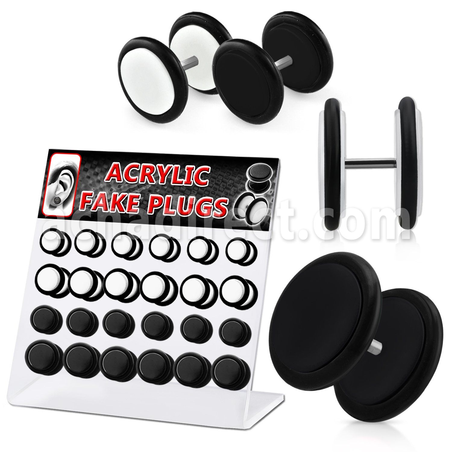 dacb51 display 24 plugs falsos acrilicos negro blanco anillos goma 8mm 10mm mayorista
