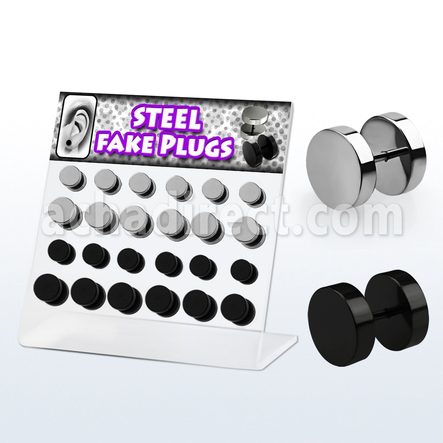 dacb52 display 24 plugs falsos acero quirurgico anodizado negro anillos goma 8mm 10mm distribuidor mayorista