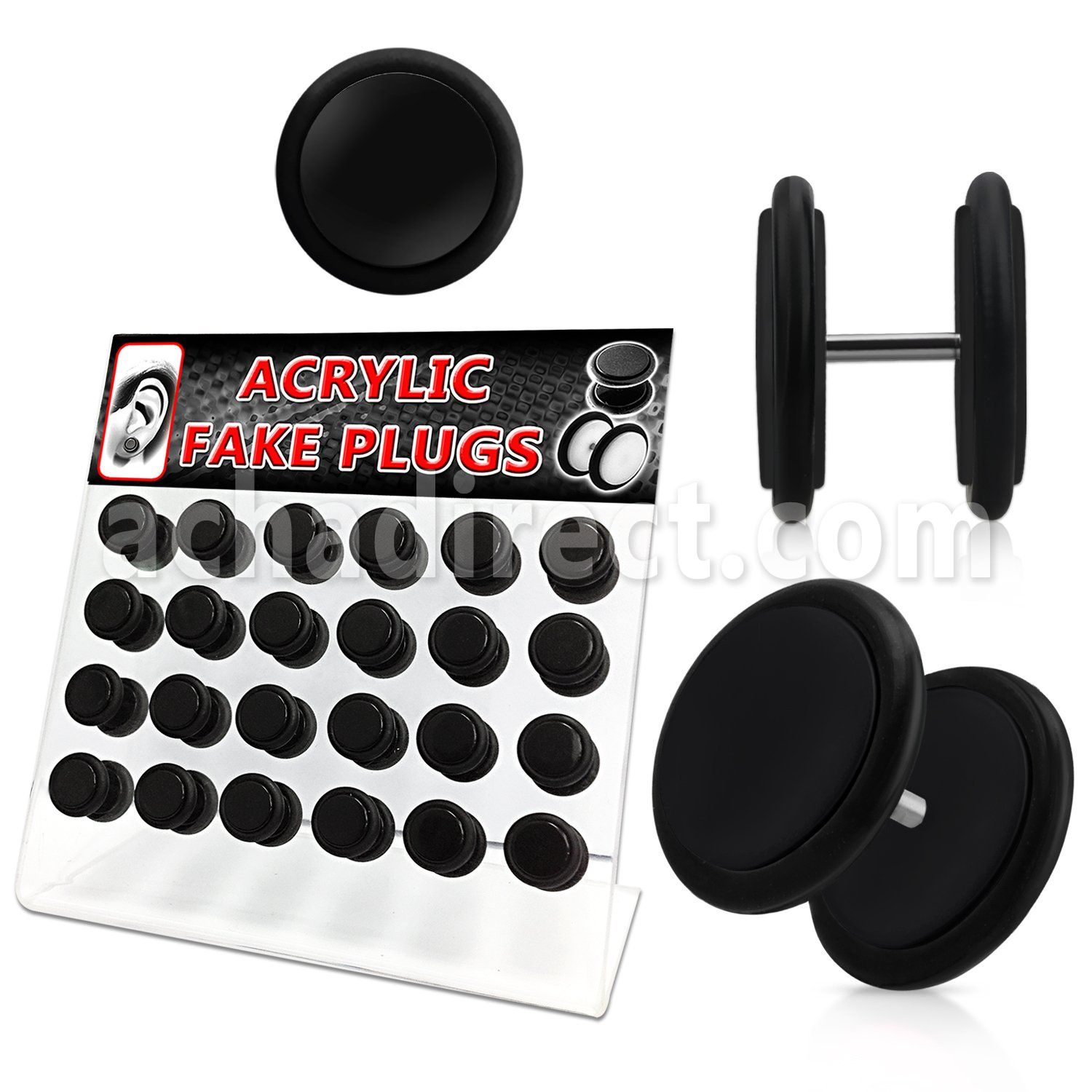 dacb57 display 24 plugs falsos acrilico negro anillo goma 8mm venta