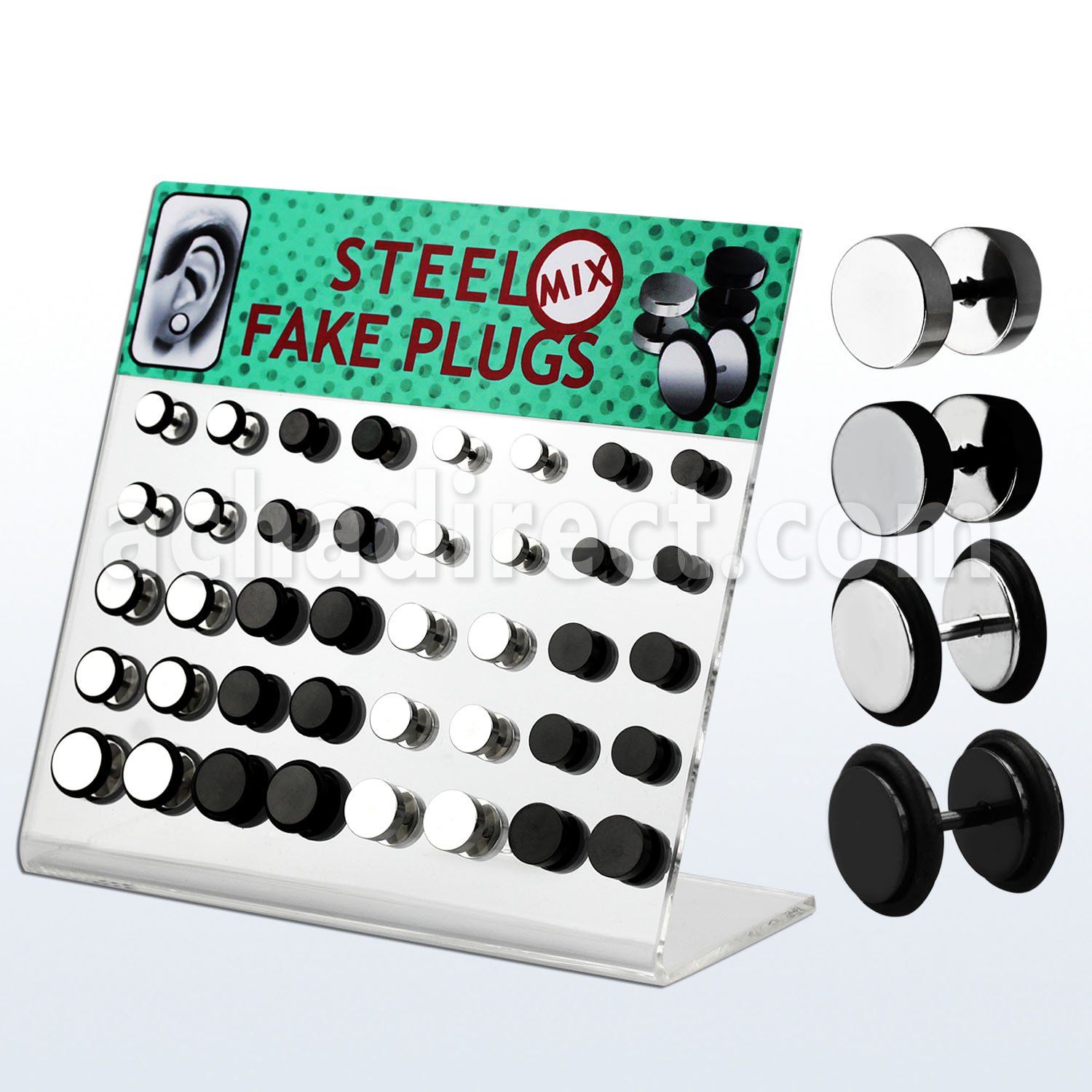 dacb63 display 40 plugs falsos acero quirurgico brillo espejo anodizado negro anillo goma distribuidor