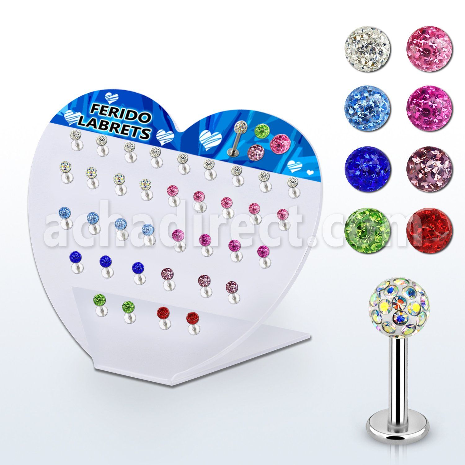 dacb66 display acrilico corazon 36 labrets acero quirurgico bola multi cristal ferido 3mm 8mm venta