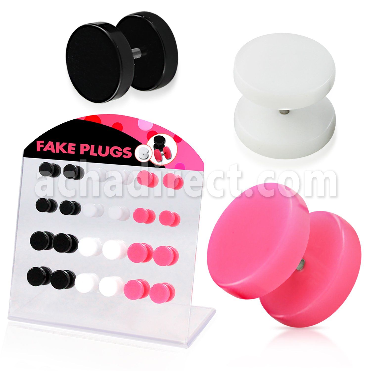 dacb78c display 24 plugs falsos acrilicos anillo goma negro blanco rosa  6mm 8mm mayorista