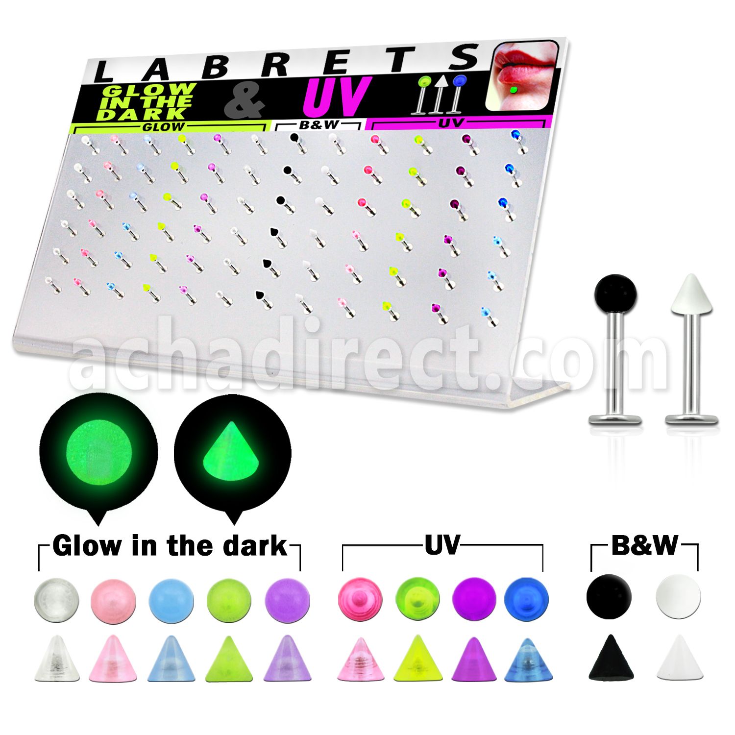 dacb87 display acrilico 72 labrets variados acero bolas conos 3mm acrilico uv brillan oscuridad 6mm 8mm mayorista