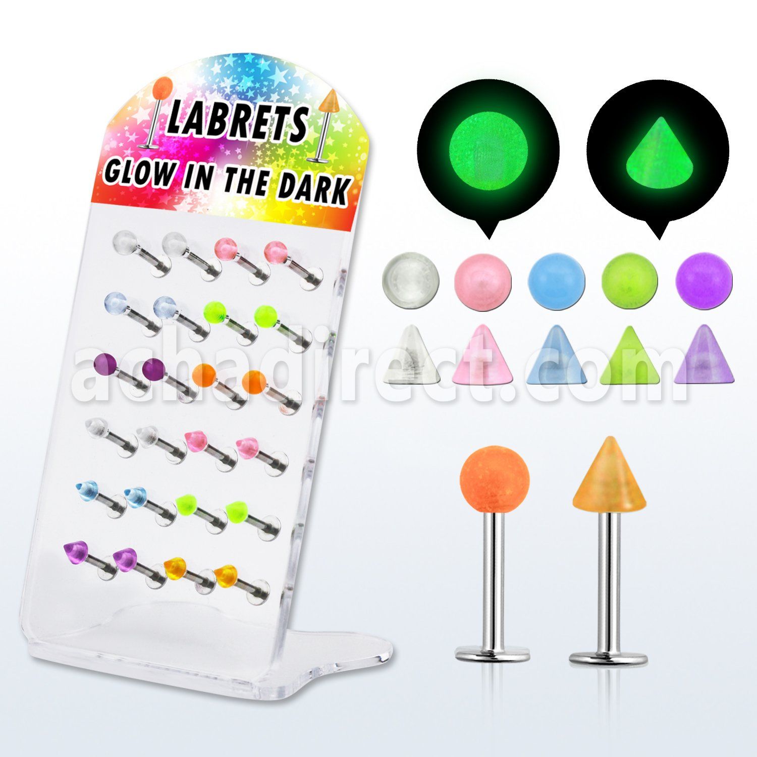 dacb95 display 24 labrets acero quirurgico bolas conos 3mm brillan oscuridad 8mm distribuidor mayorista