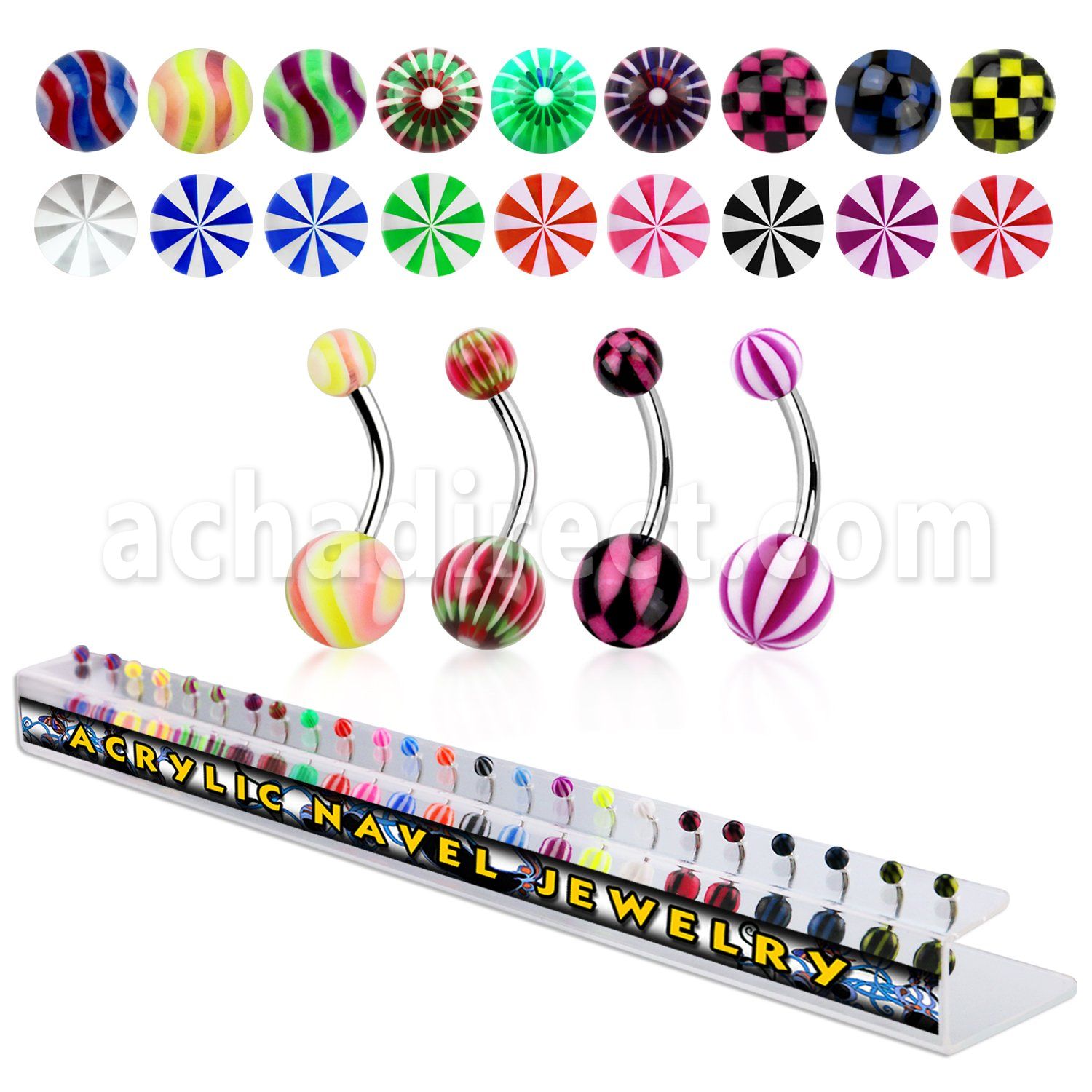 dambn4 display 24 piercings ombligo acero quirurgico bolas acrilicas 8mm 5mm estilos variados 10mm venta