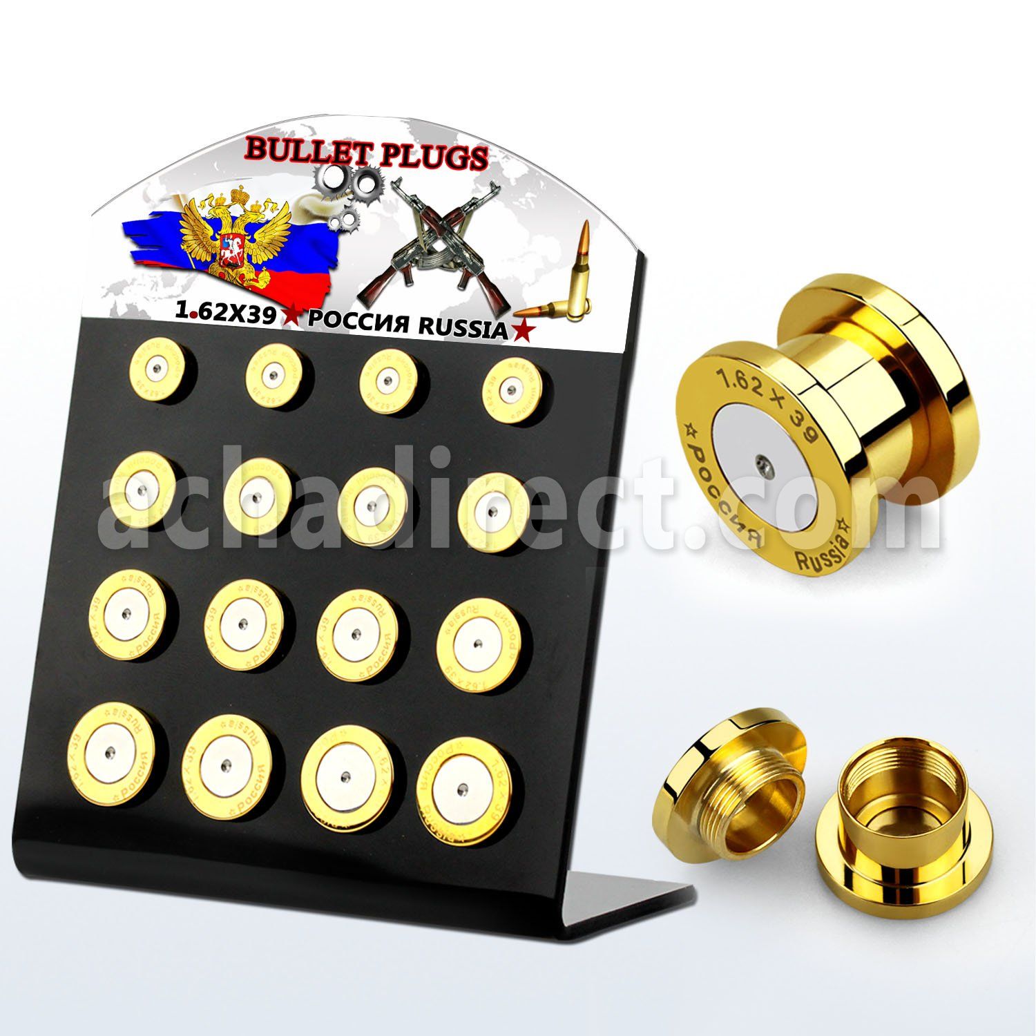 dapg100r display acrilico negro 16 dilataciones plugs bala acero quirurgico rosca interna grabado ruso mayorista