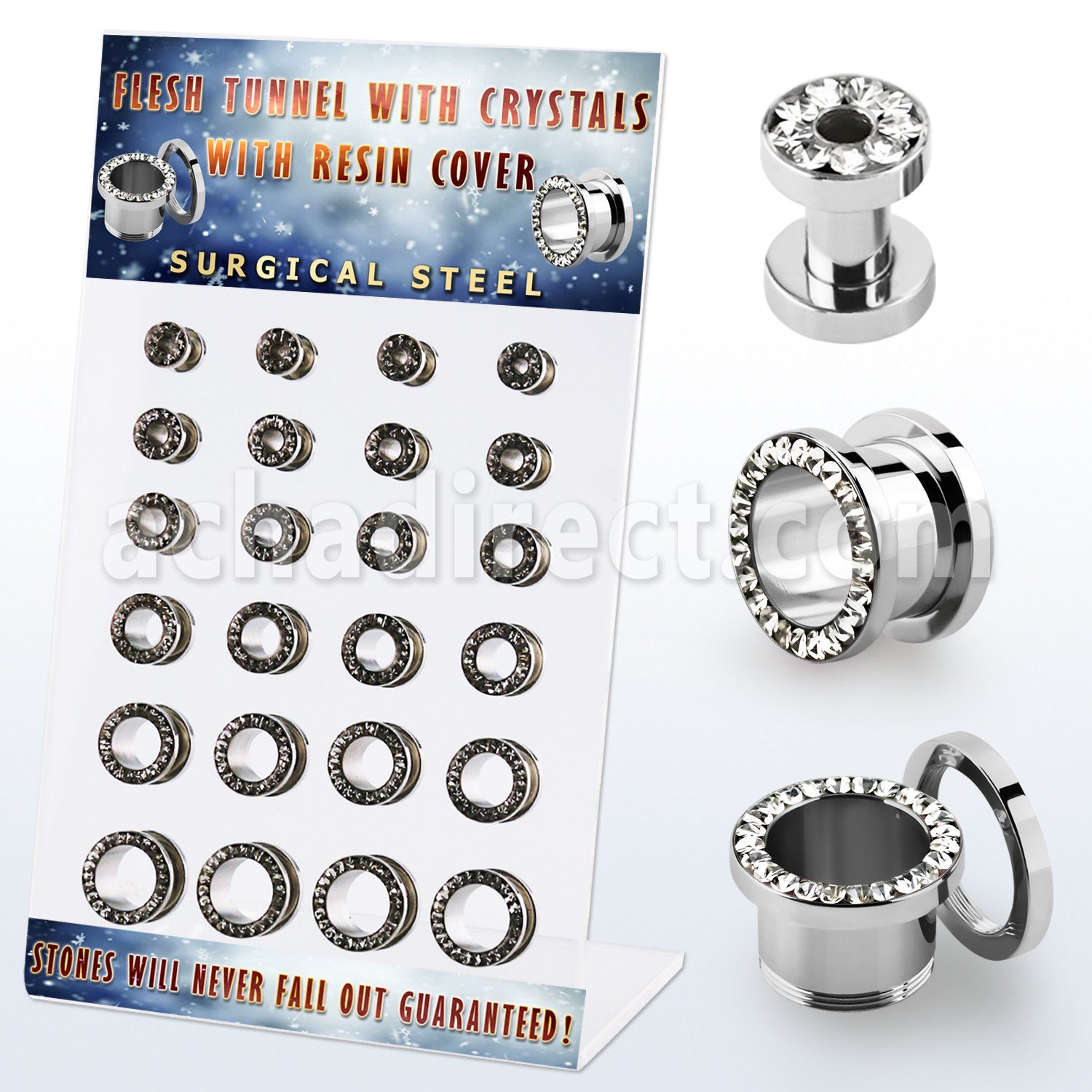 dapg101a display 24 dilataciones tunel tornillo acero quirurgico brillo espejo cristal claros lado 4mm 12mm distribuidor