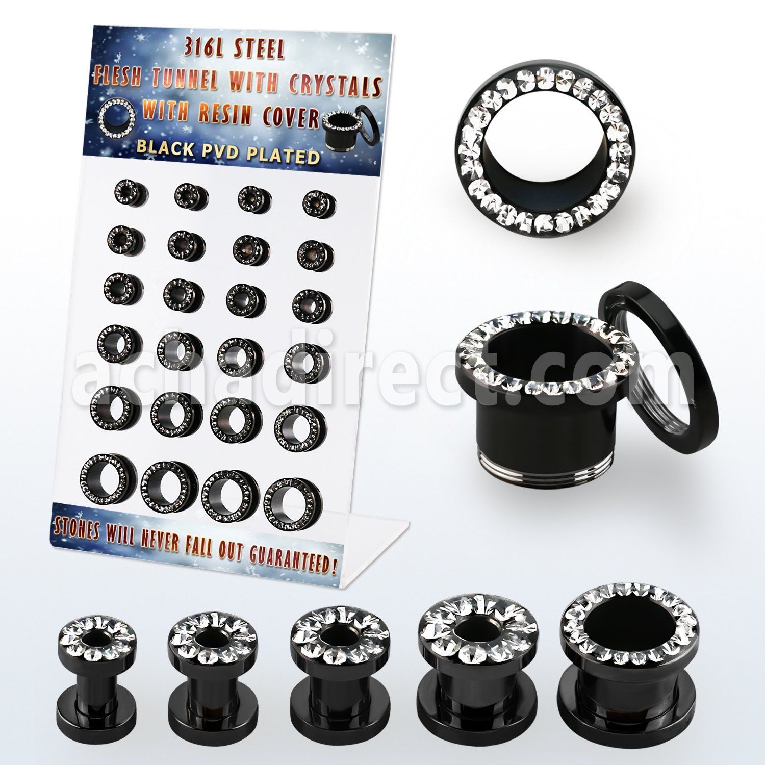 dapg102a display 24 dilataciones tunel acero quirurgico pvd negro cristal claros lado 4mm 12mm mayorista