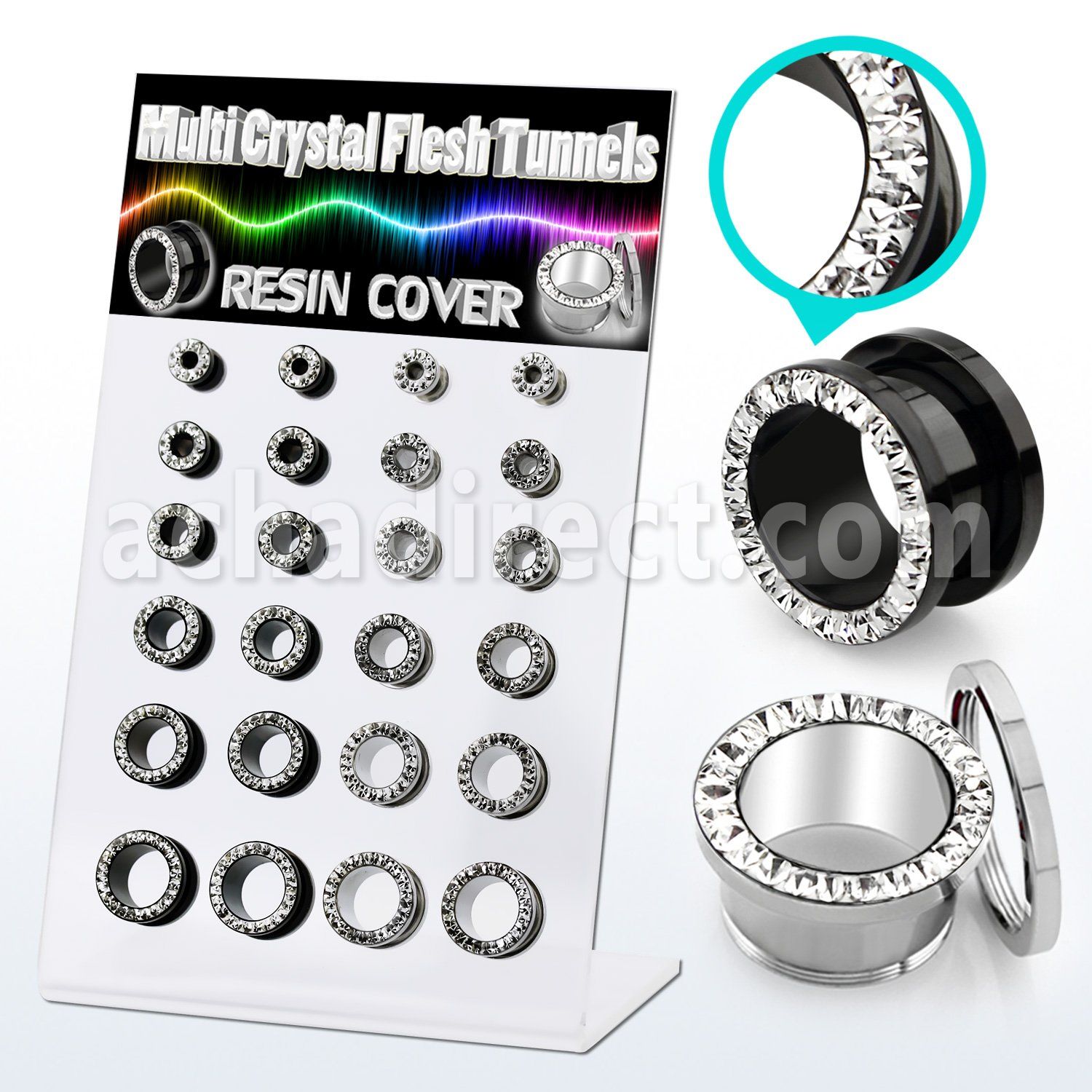 dapg171 display 24 dilataciones tunel acero 316l brillo espejo pvd negro multi cristal claros ferido 4mm 12mm. al por mayor