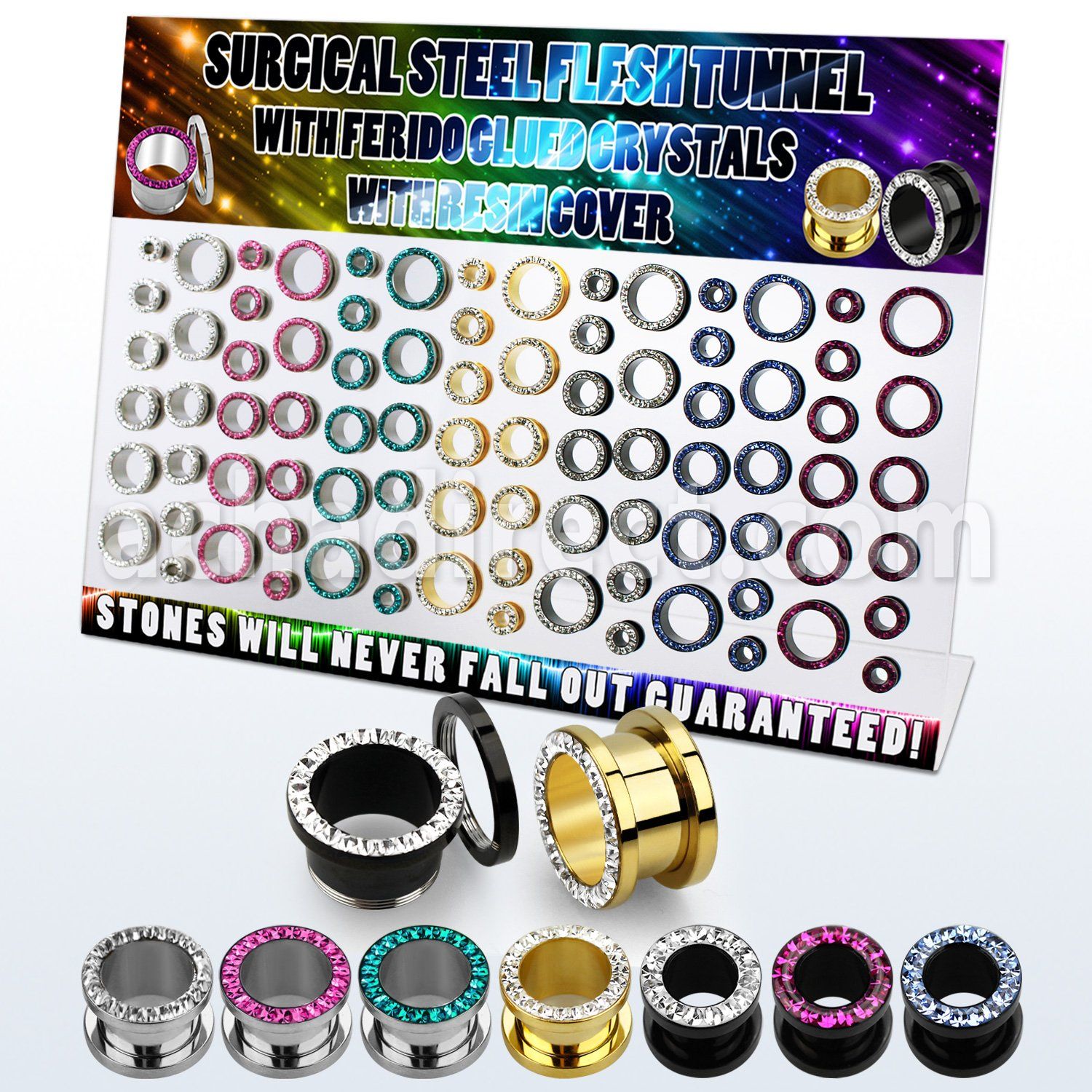 dapg181 display 84 dilataciones tunel acero 316l pvd brillo espejo multi cristal claros ferido 6mm 16mm. distribuidor