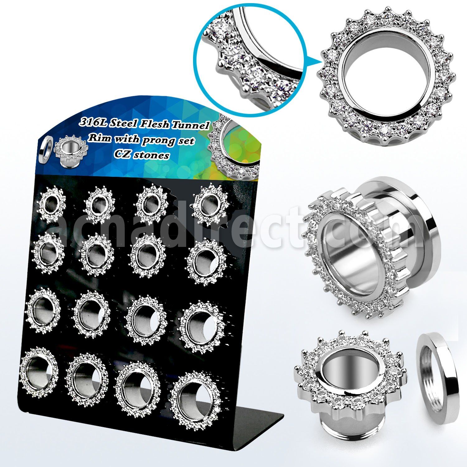 dapg186a display acrilico negro 16 dilataciones tunel tornillo acero 316l brillo espejo zirconia claras borde distribuidor