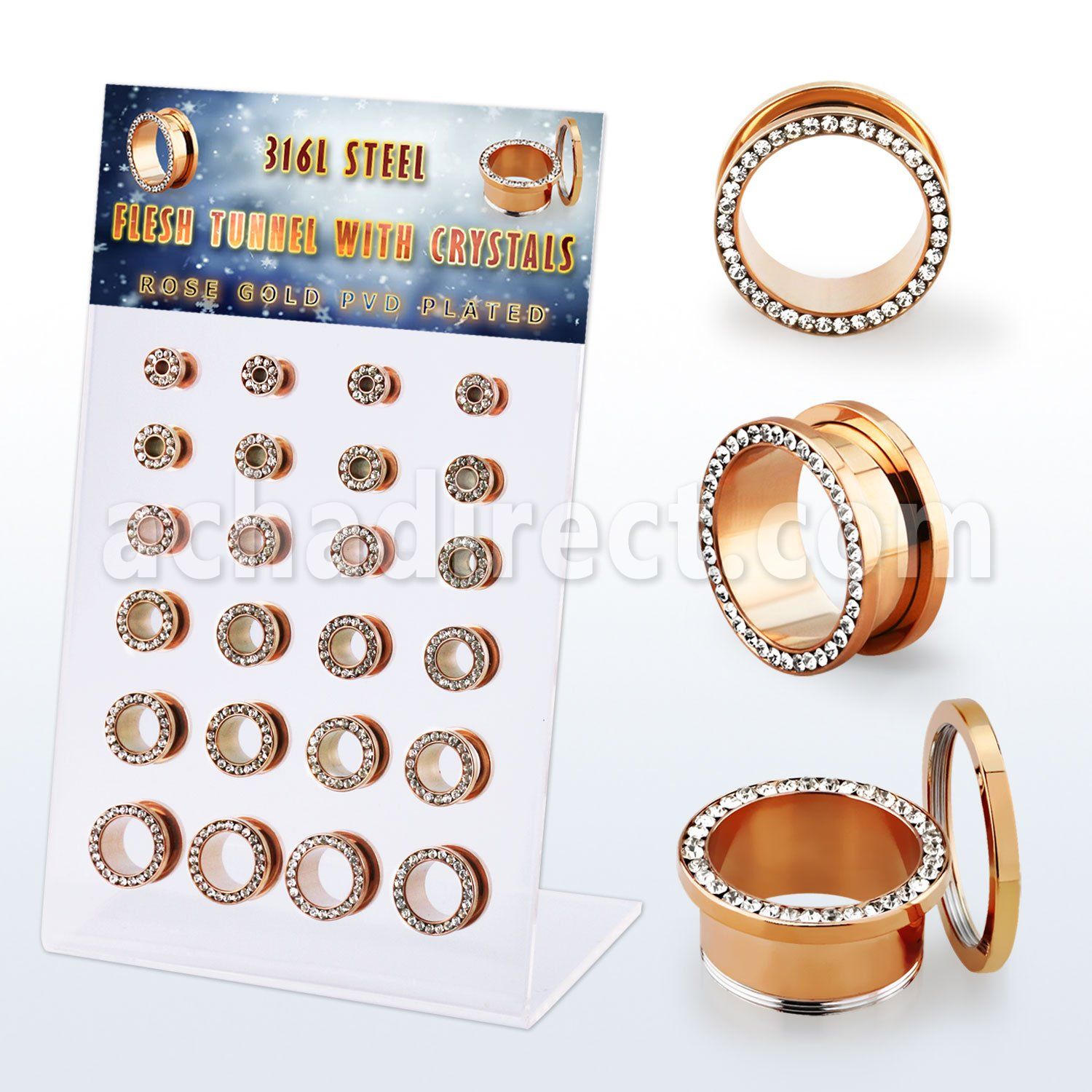 dapg188 display 24 dilataciones tunel acero quirurgico pvd oro rosa cristal lado frente distribuidor mayorista