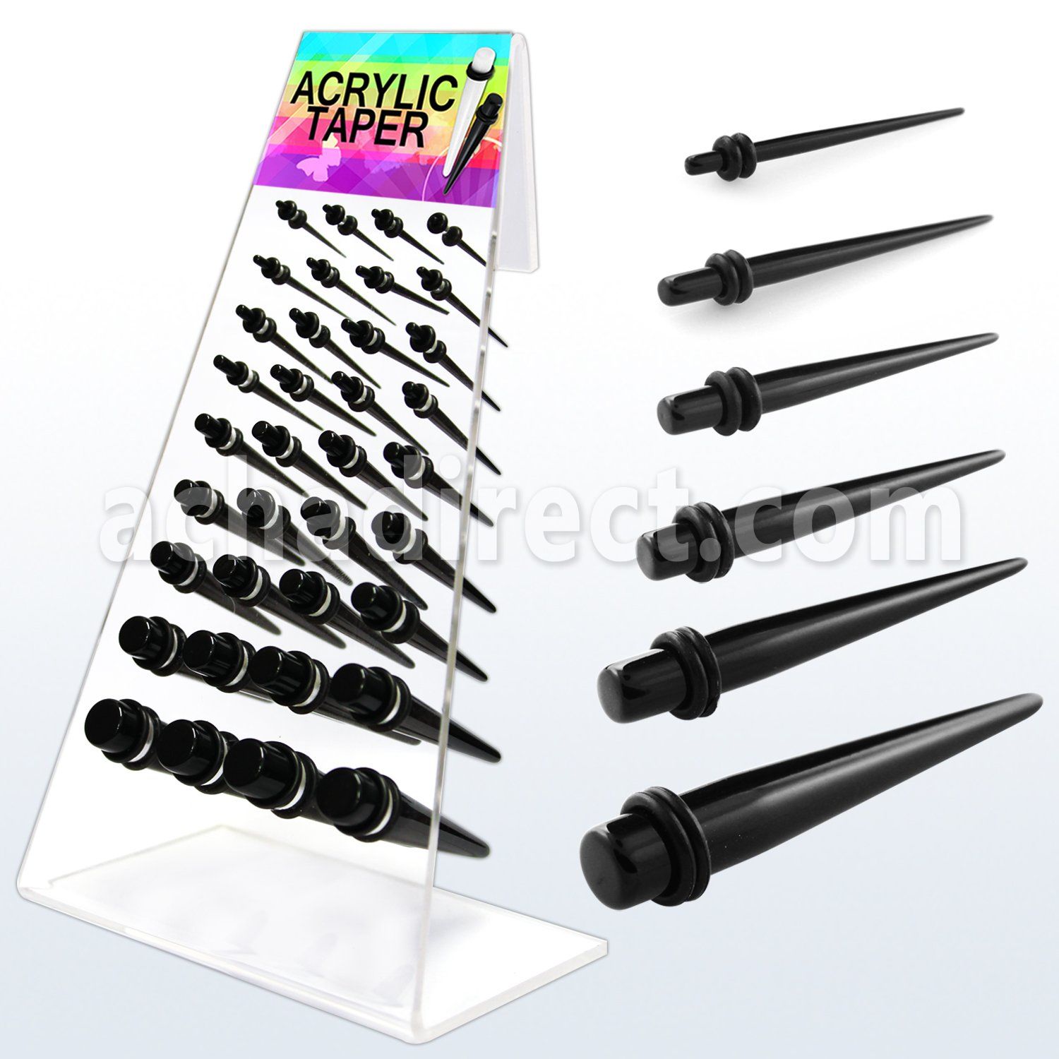 dapg46a display 36 tapers acrilicos negros anillo goma doble distribuidor mayorista
