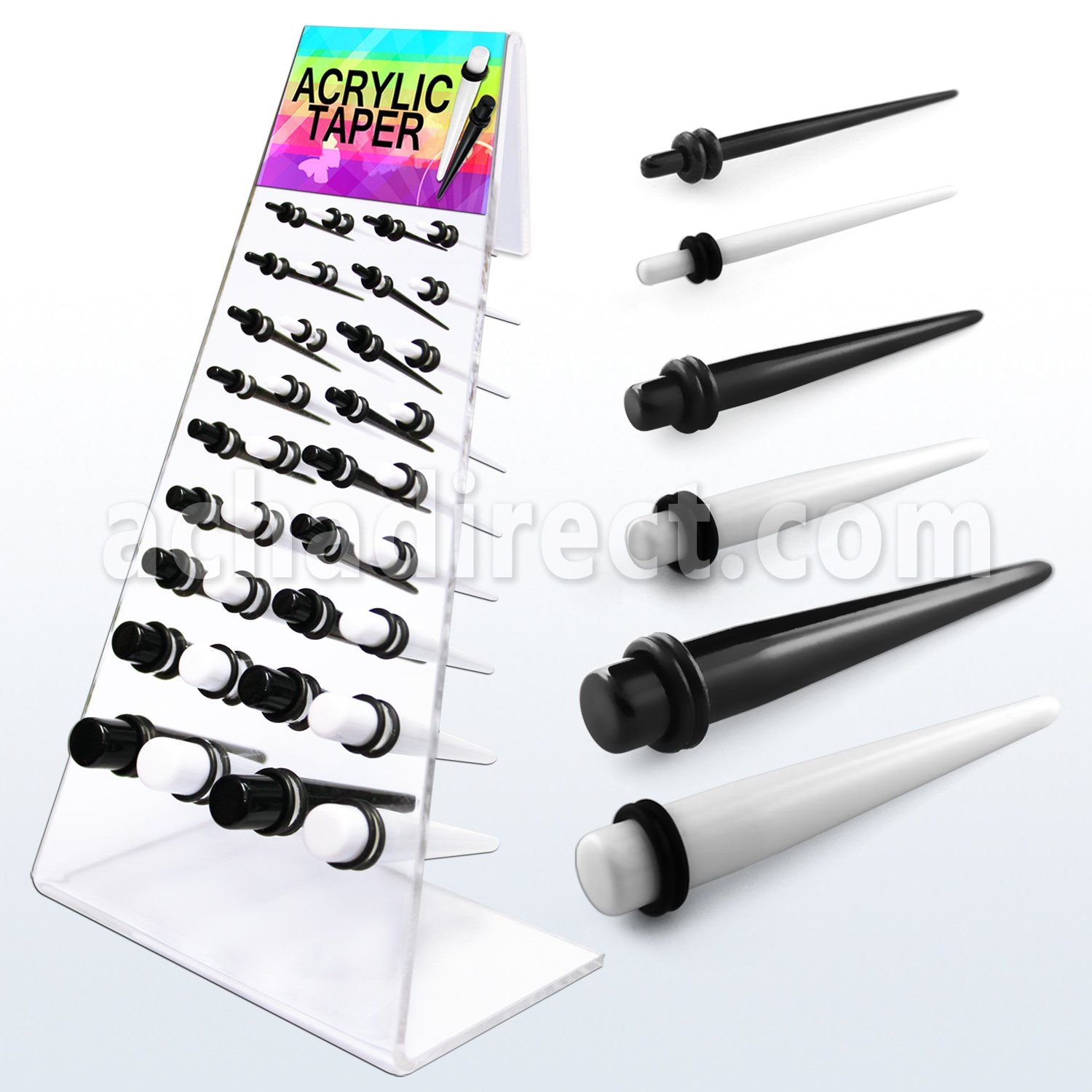 dapg46c display 36 tapers acrilicos negros blancos anillo goma doble  10mm mayorista