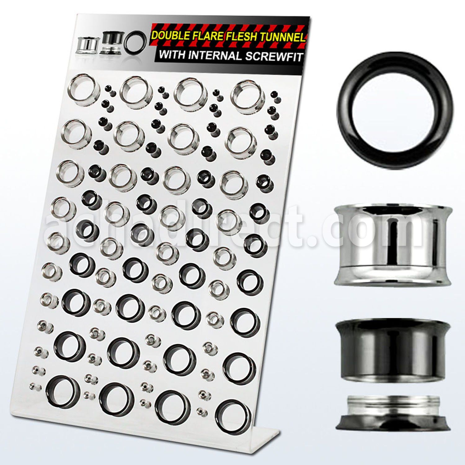 dapg55 display acrilico 88 dilataciones tunel doble flare acero quirurgico brillo espejo pvd negro rosca interno 3mm 20mm mayorista