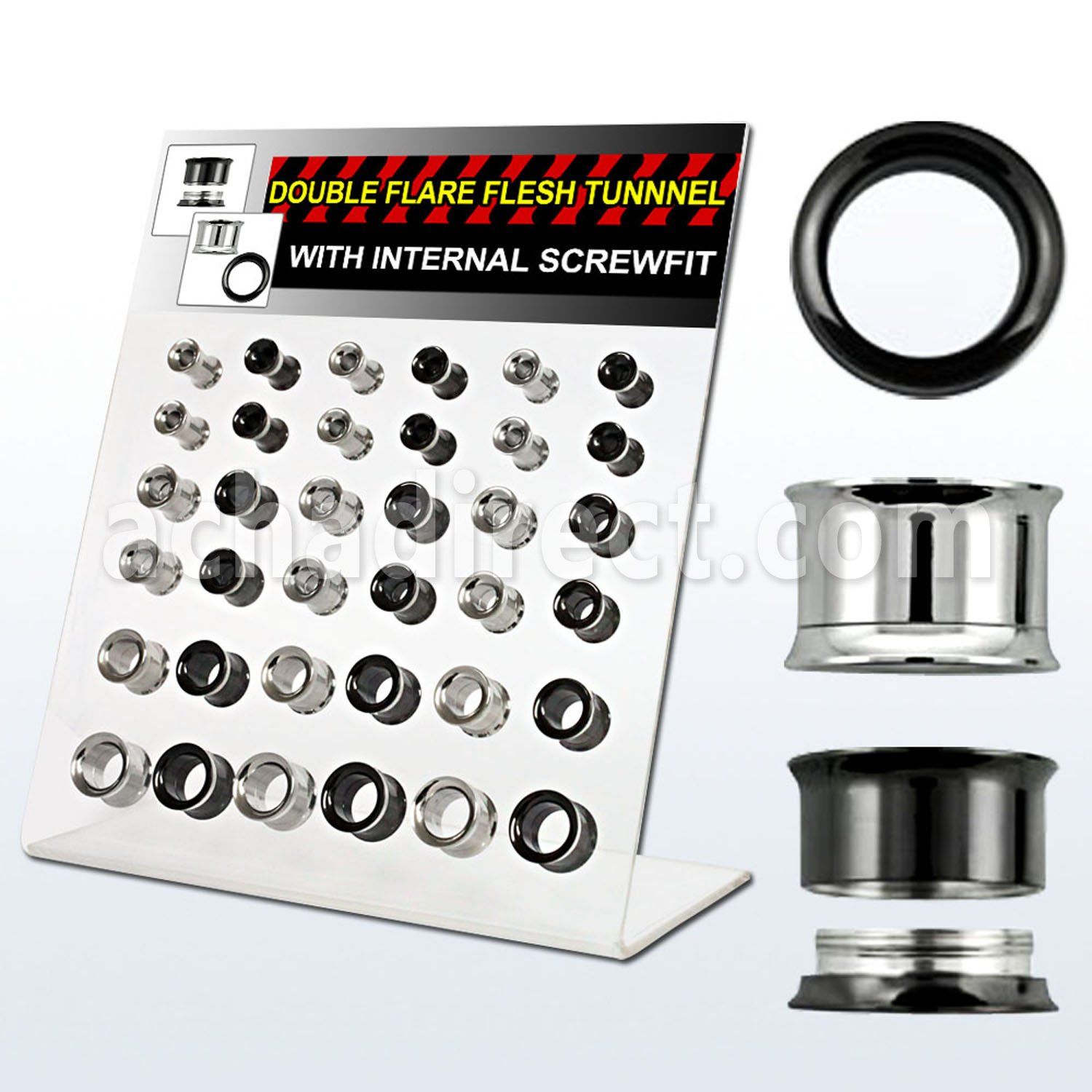 dapg57 display acrilico 36 dilataciones tunel doble flare acero quirurgico pvd negro tornillo interno mayorista
