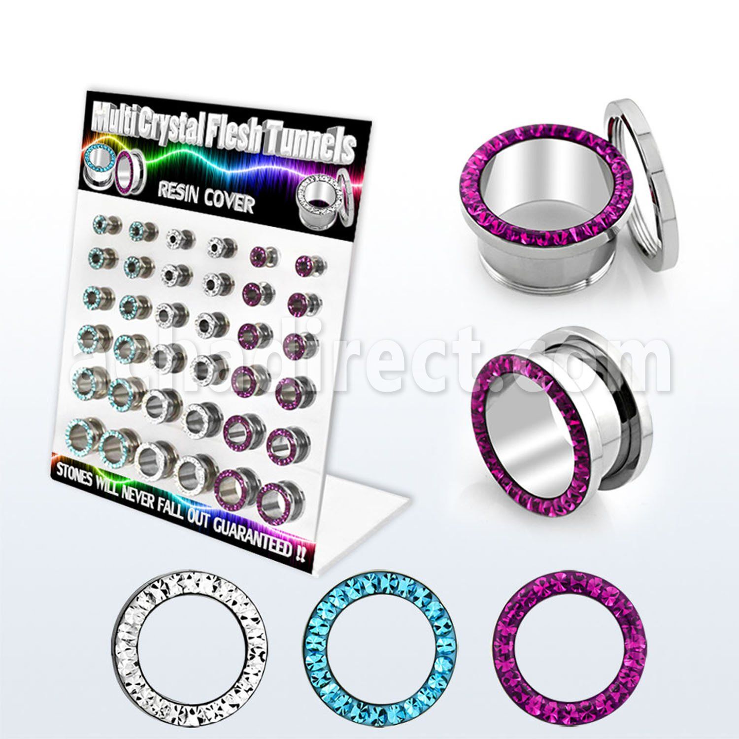 dapg63 display 36 dilataciones tunel acero quirurgico multi cristal claros fucsia aguamarina ferido 4mm 12mm. venta