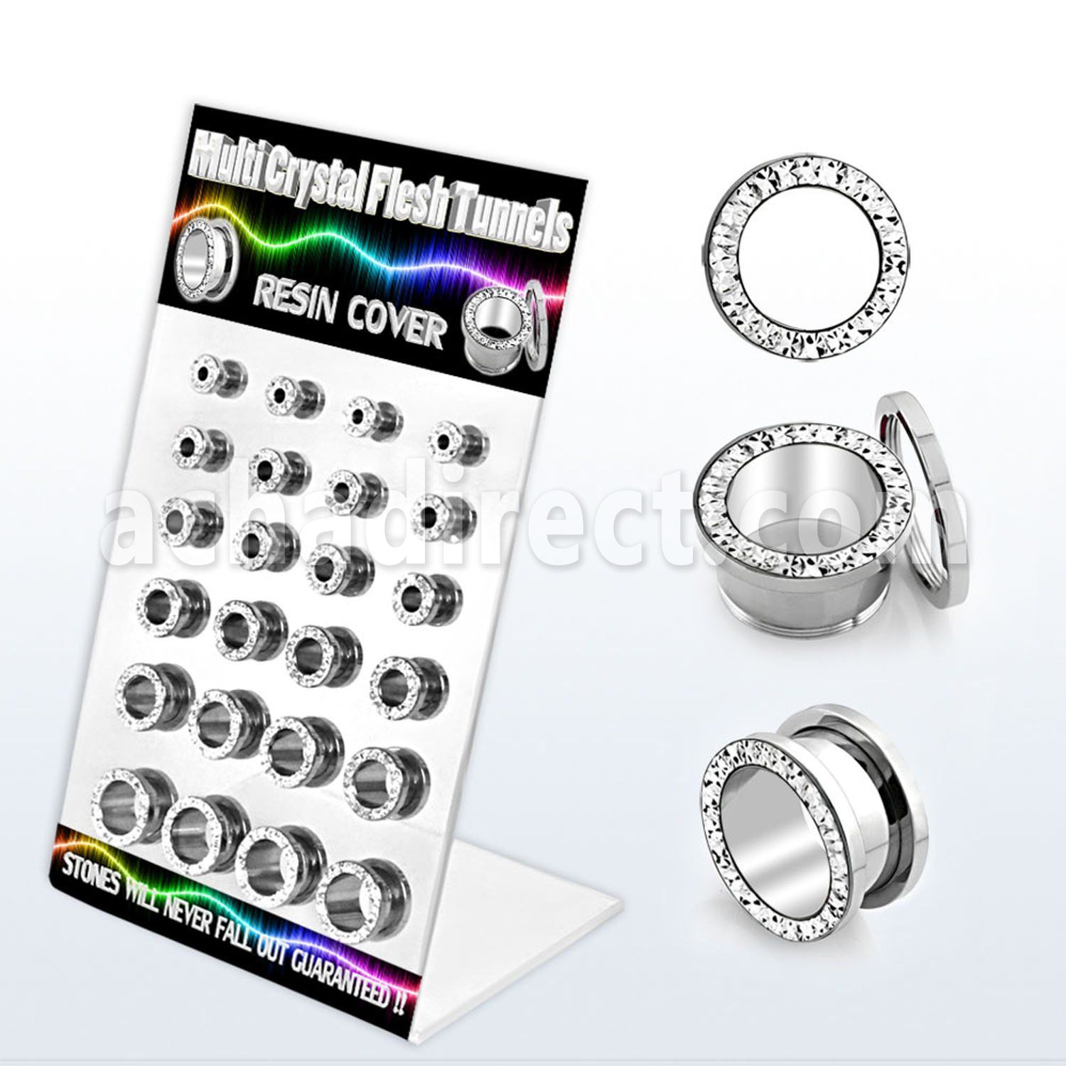 dapg64a display 24 dilataciones tunel acero quirurgico multi cristal claros ferido 4mm 12mm. distribuidor mayorista