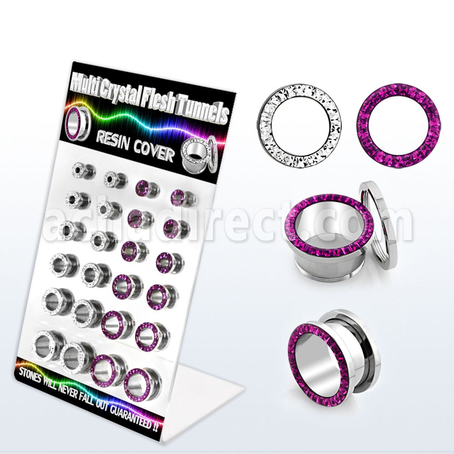 dapg64b display 24 dilataciones tunel acero quirurgico multi cristal fucsia ferido 4mm 12mm. al por mayor
