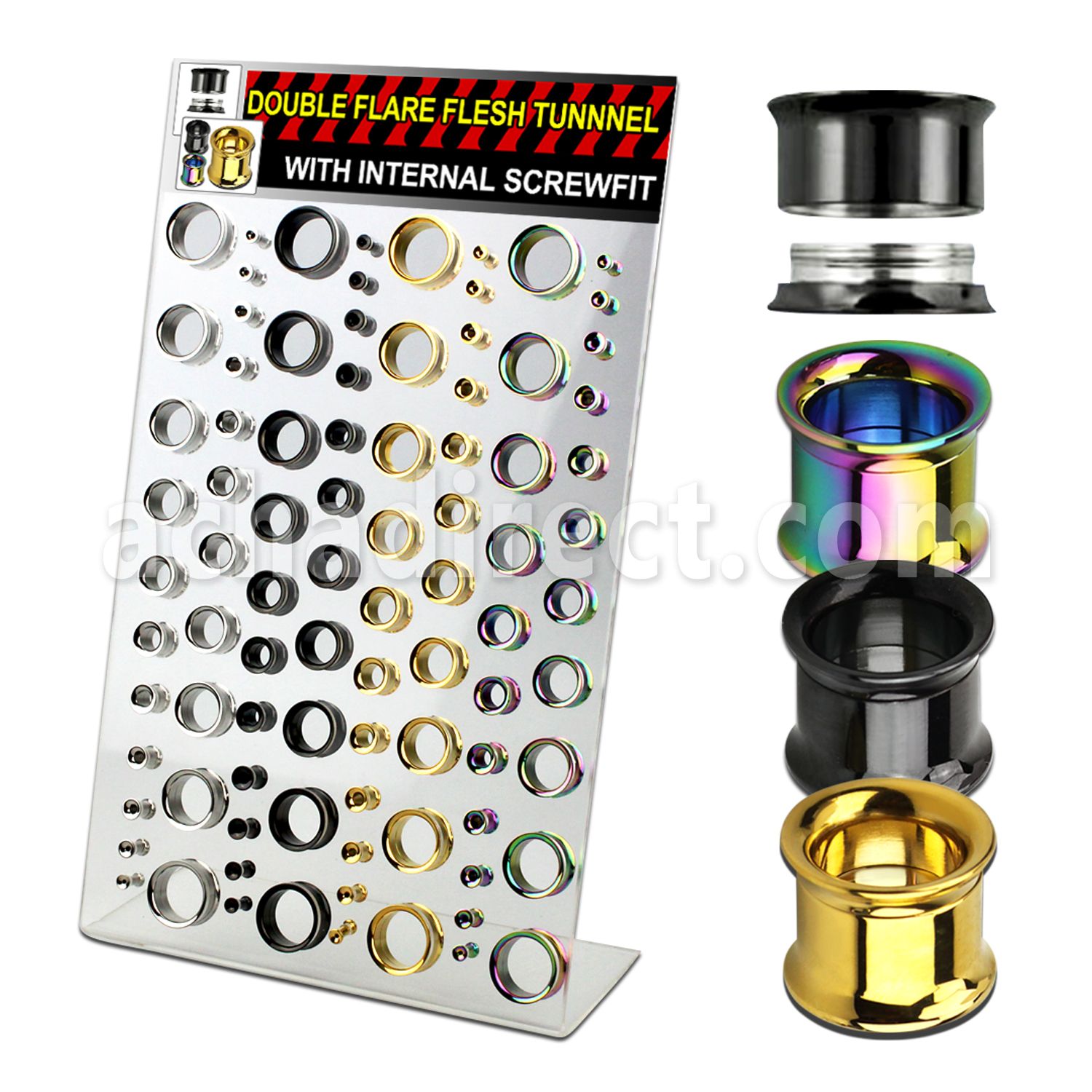 dapg76 display acrilico 88 dilataciones tunel doble flare acero quirurgico pvd negro dorado arco iris tornillo interno 3mm 20mm distribuidor