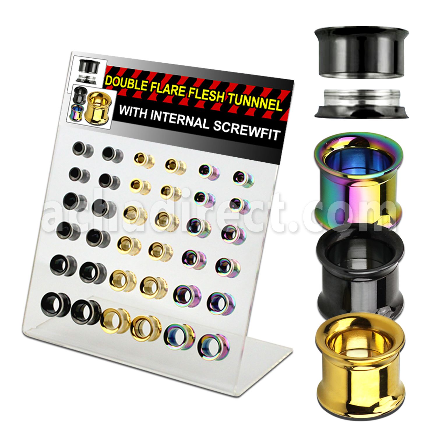 dapg77 display acrilico 36 dilataciones tunel doble flare acero quirurgico pvd negro dorado arco iris tornillo interno mayorista