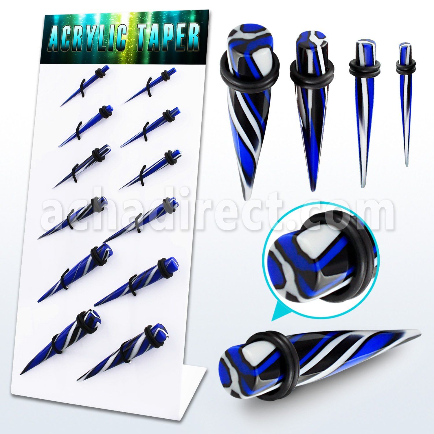 dapg85 display 12 tapers acrilicos espiral tri color azul negro blanco anillos goma 3mm 10mm mayorista