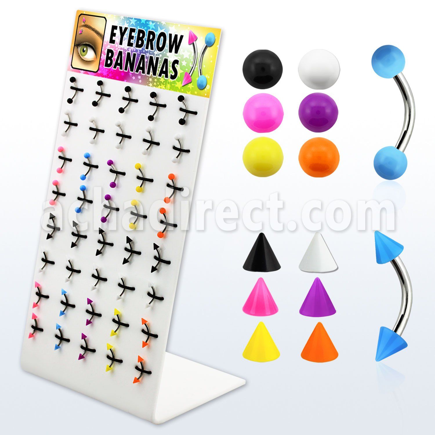 dbjmx11 display 40 bananas ceja acero quirurgico bolas conos 3mm colores solidos lisos 8mm al por mayor