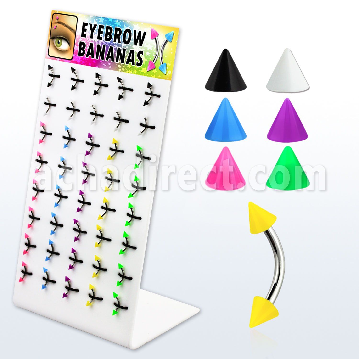 dbjmx12 display 40 bananas ceja acero quirurgico conos 3mm colores solidos lisos 8mm al por mayor