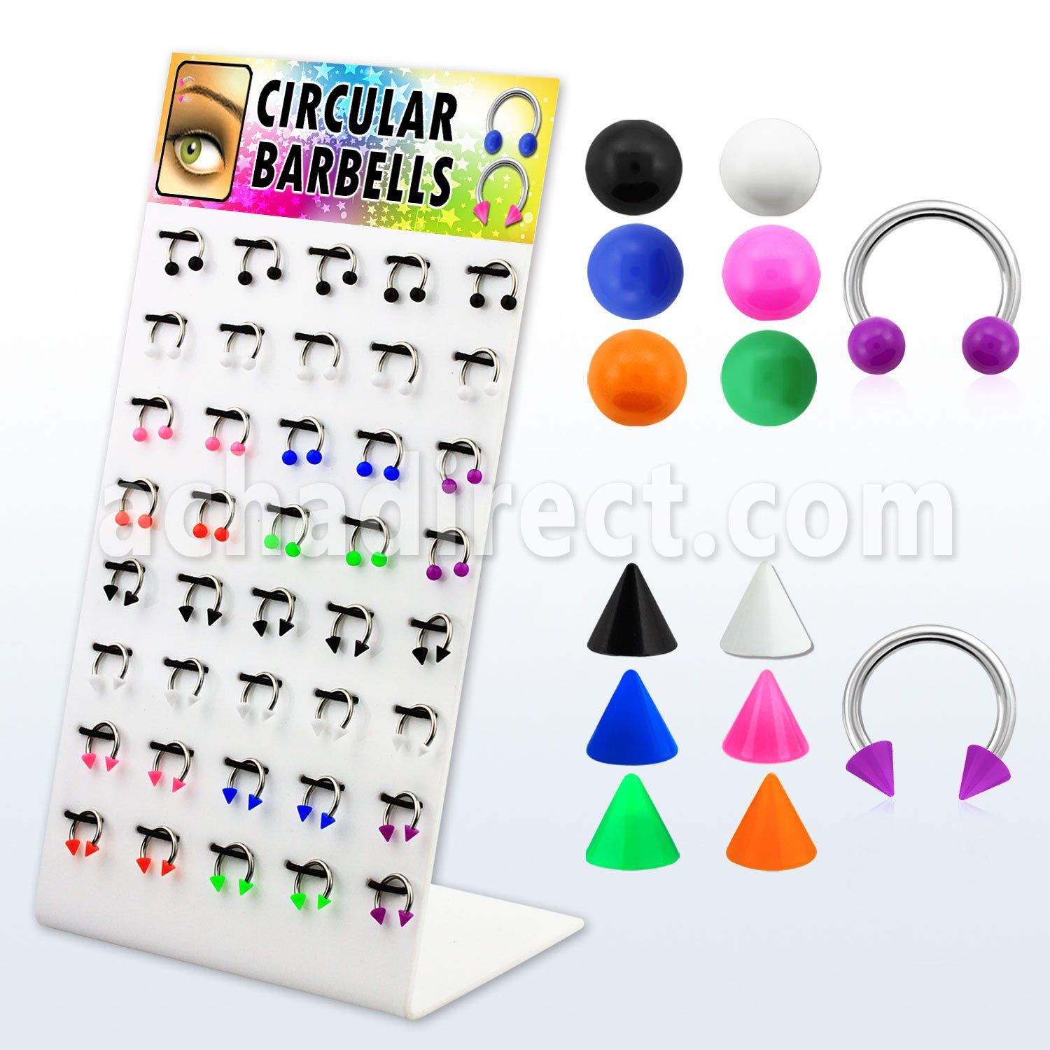 dbjmx14 display 40 barbell circular acero quirurgico bolas conos 3mm colores lisos 8mm 10mm venta