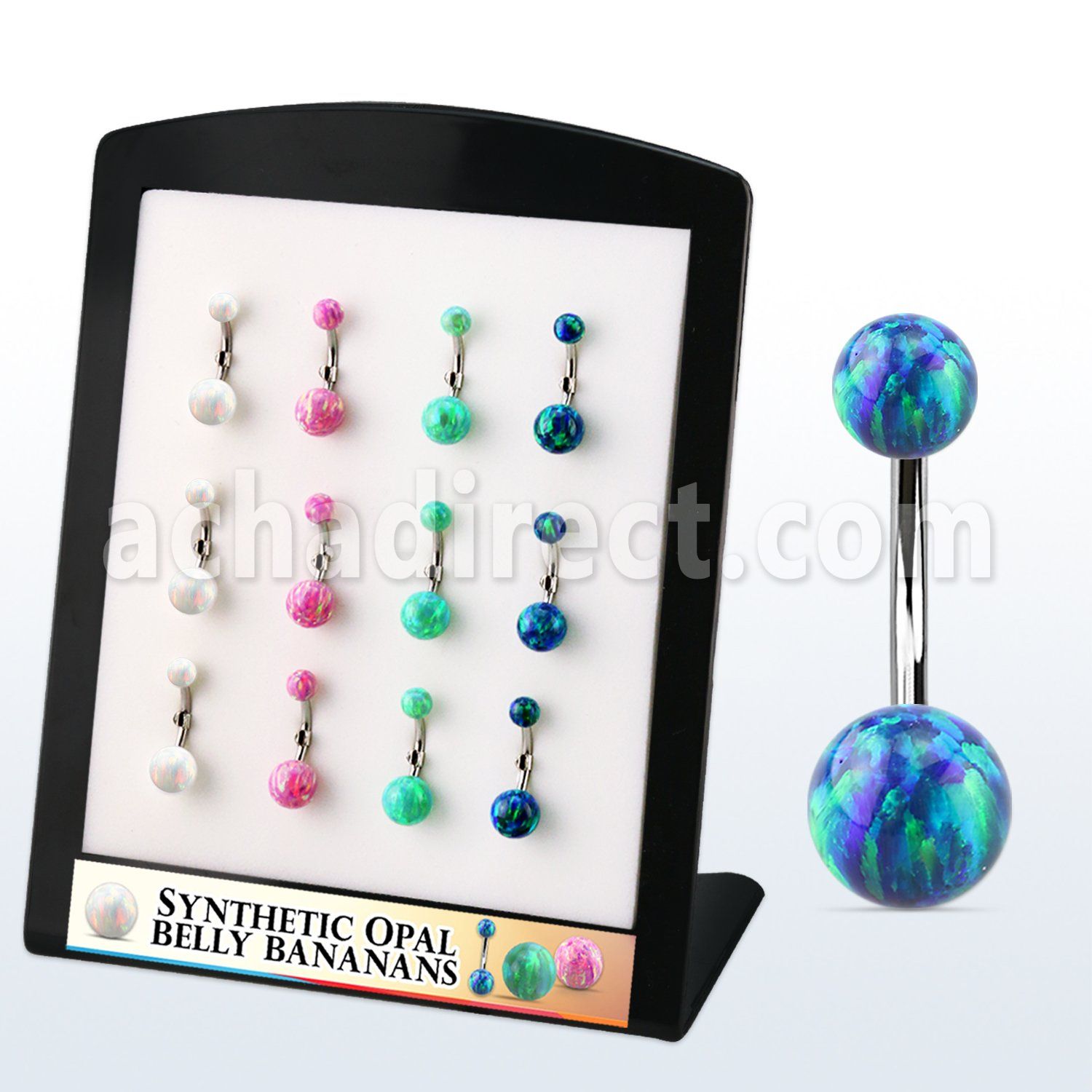 dbn2opg display 12 bananas ombligo acero quirurgico bolas opalo 5mm 8mm distribuidor