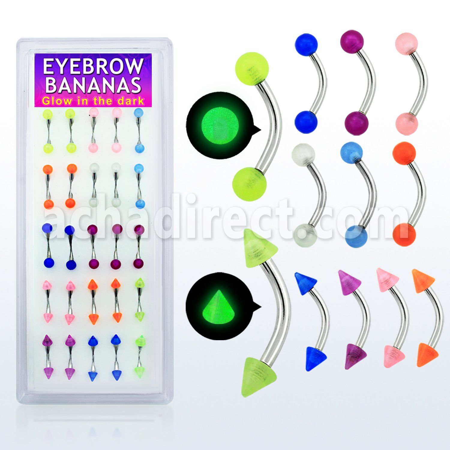 dbnegl caja 25 bananas ceja acero quirurgico bolas conos brillan oscuridad 3mm venta