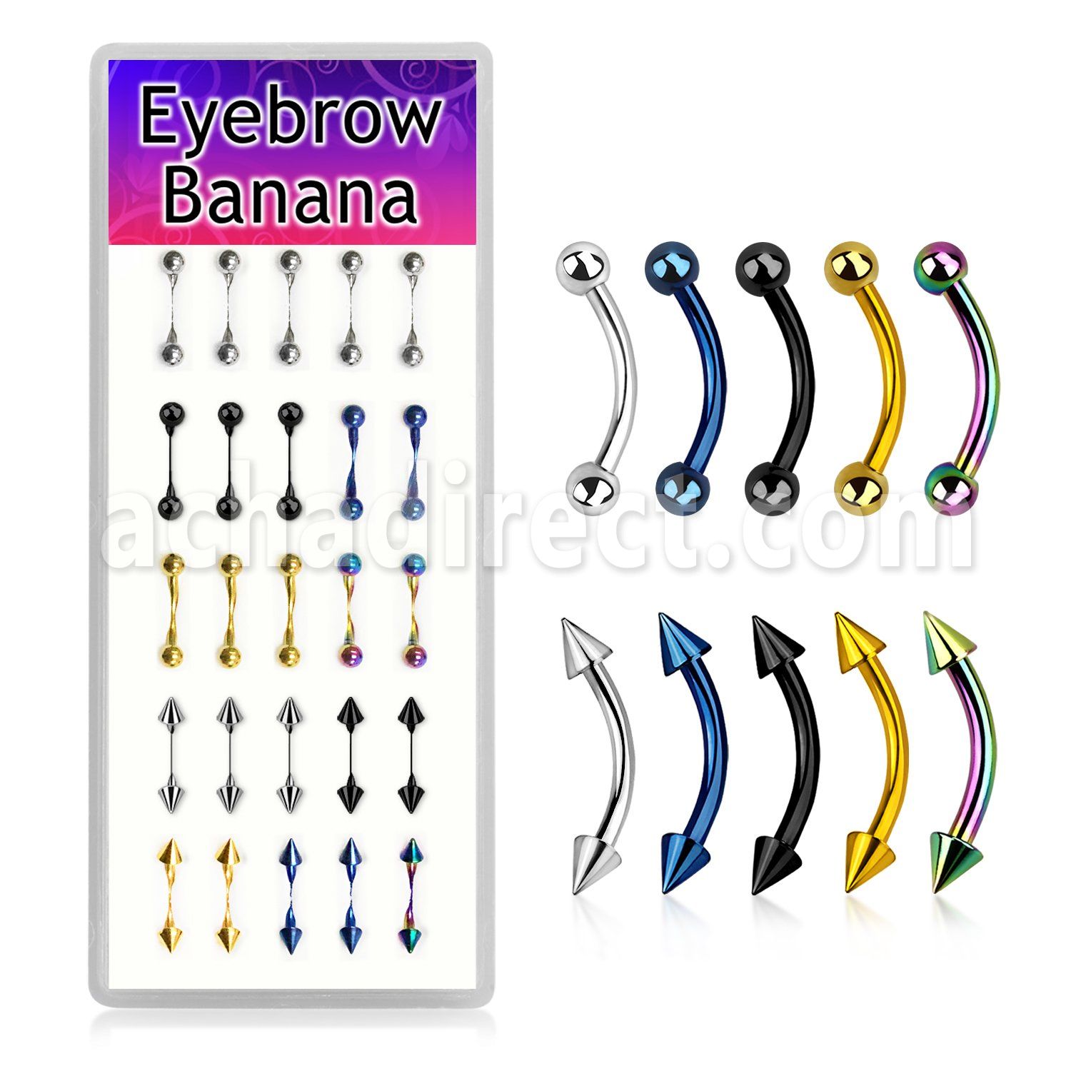 dbnem11 caja 25 bananas ceja acero quirurgico anodizado brillo espejo bolas conos 3mm 8mm distribuidor mayorista