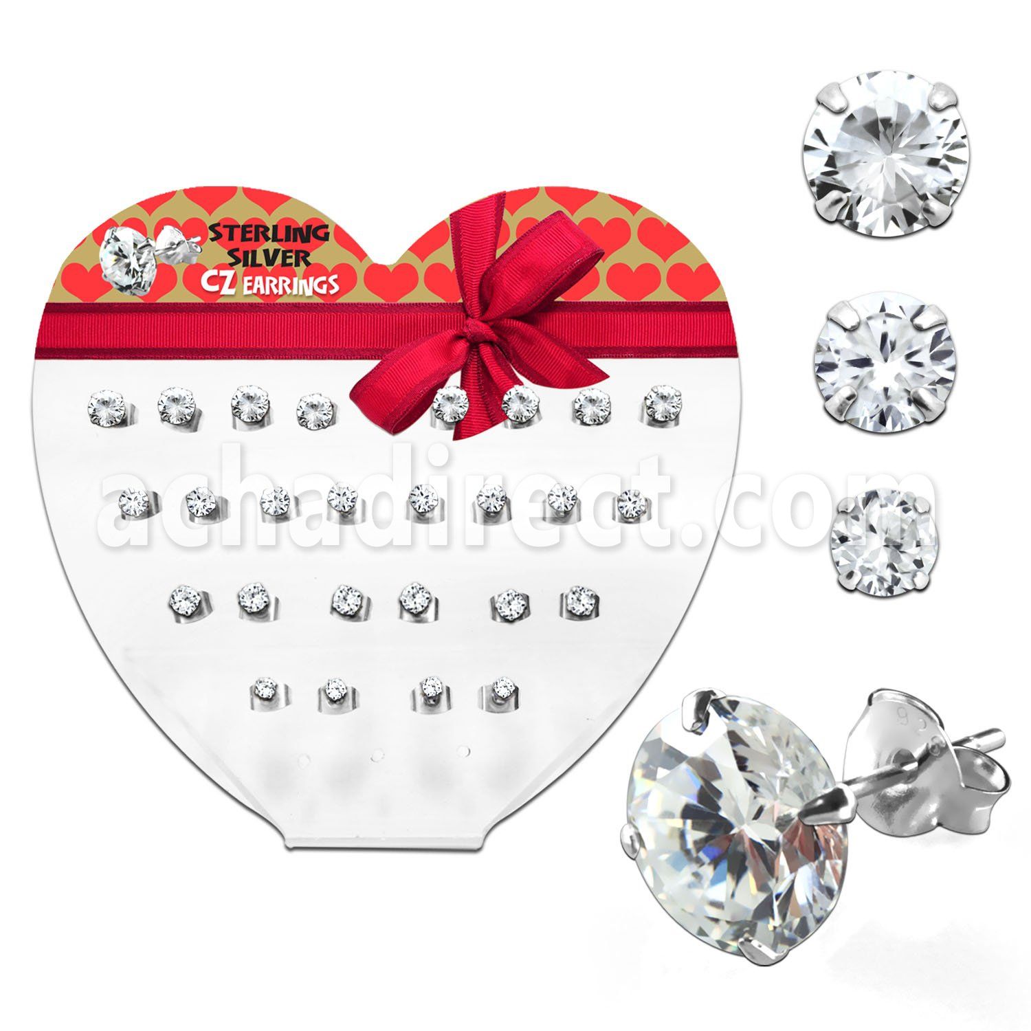 dczr1 display corazon 13 pares piercings oreja plata 925 zirconia claras redondas 3mm 5mm al por mayor