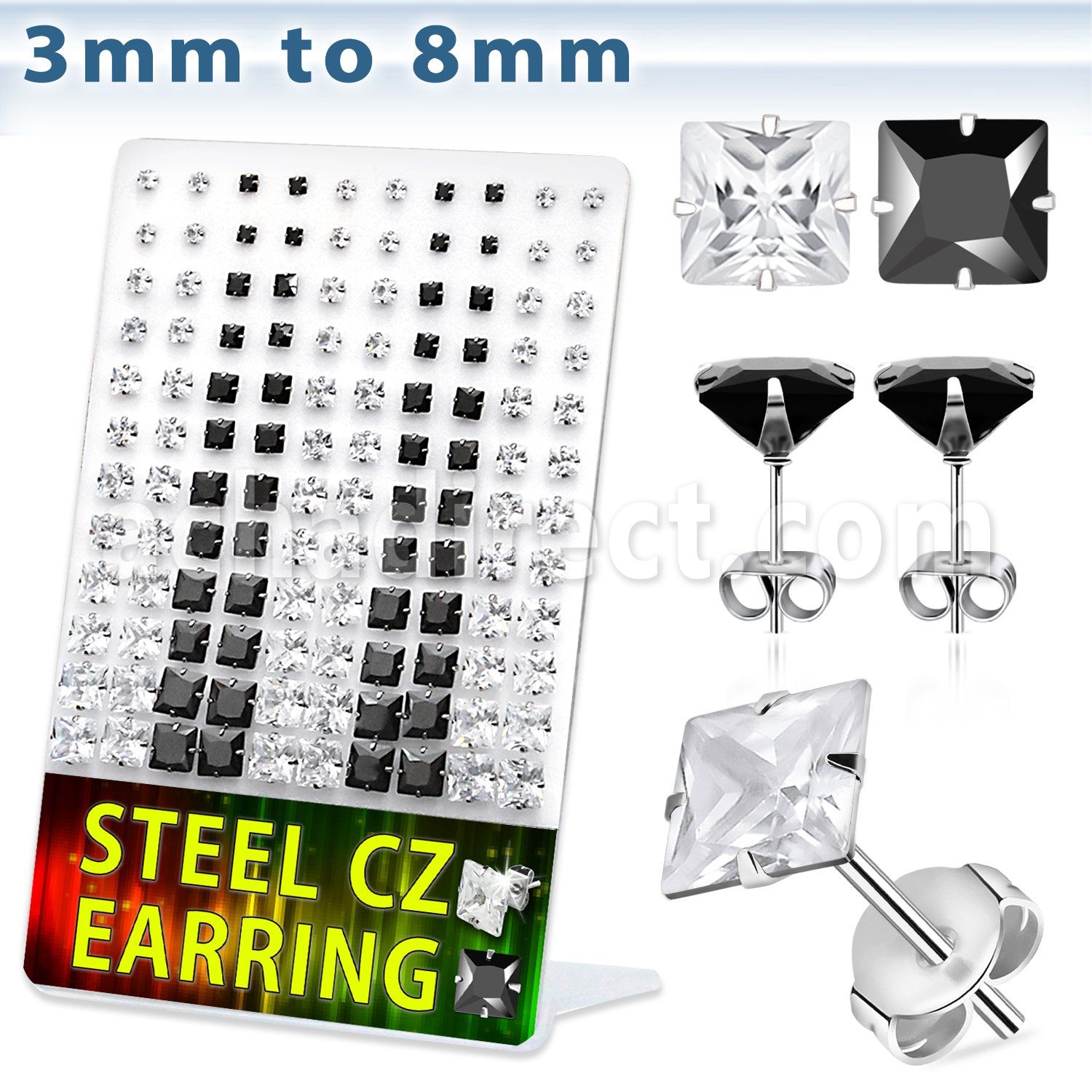 deqzg4 display 60 pares piercings oreja acero inoxidable zirconia claras negras cuadradas 3mm 8mm distribuidor