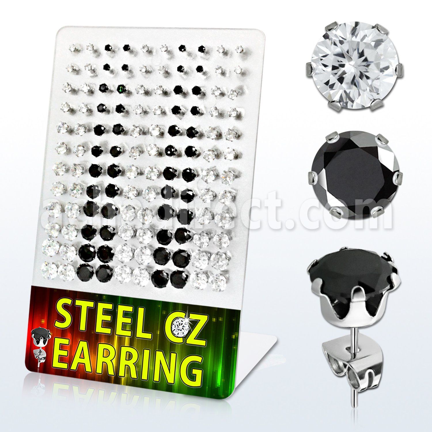 derzg4 display 60 pares piercings oreja acero inoxidable zirconia claras negras redondas 3mm 8mm venta