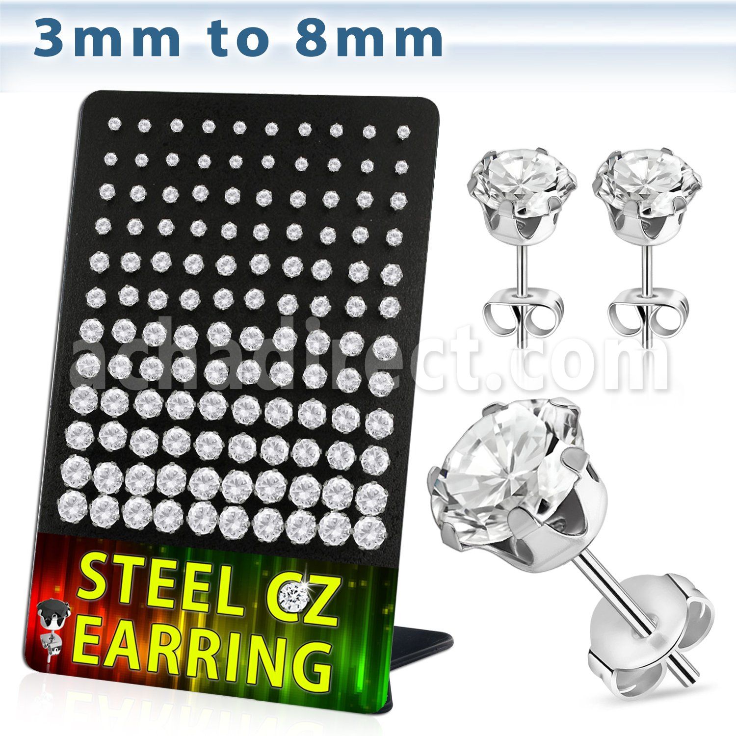 derzg display 60 pares piercings oreja acero inoxidable zirconia claras redondas 3mm 8mm al por mayor