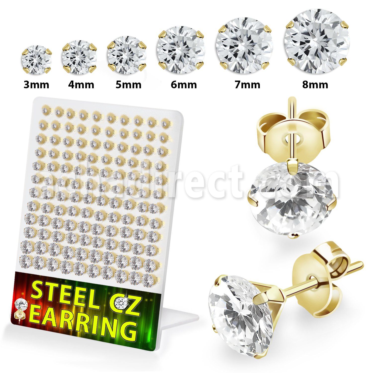 destzrg gold pvd 316l steel prong set ear studs round clear cz
