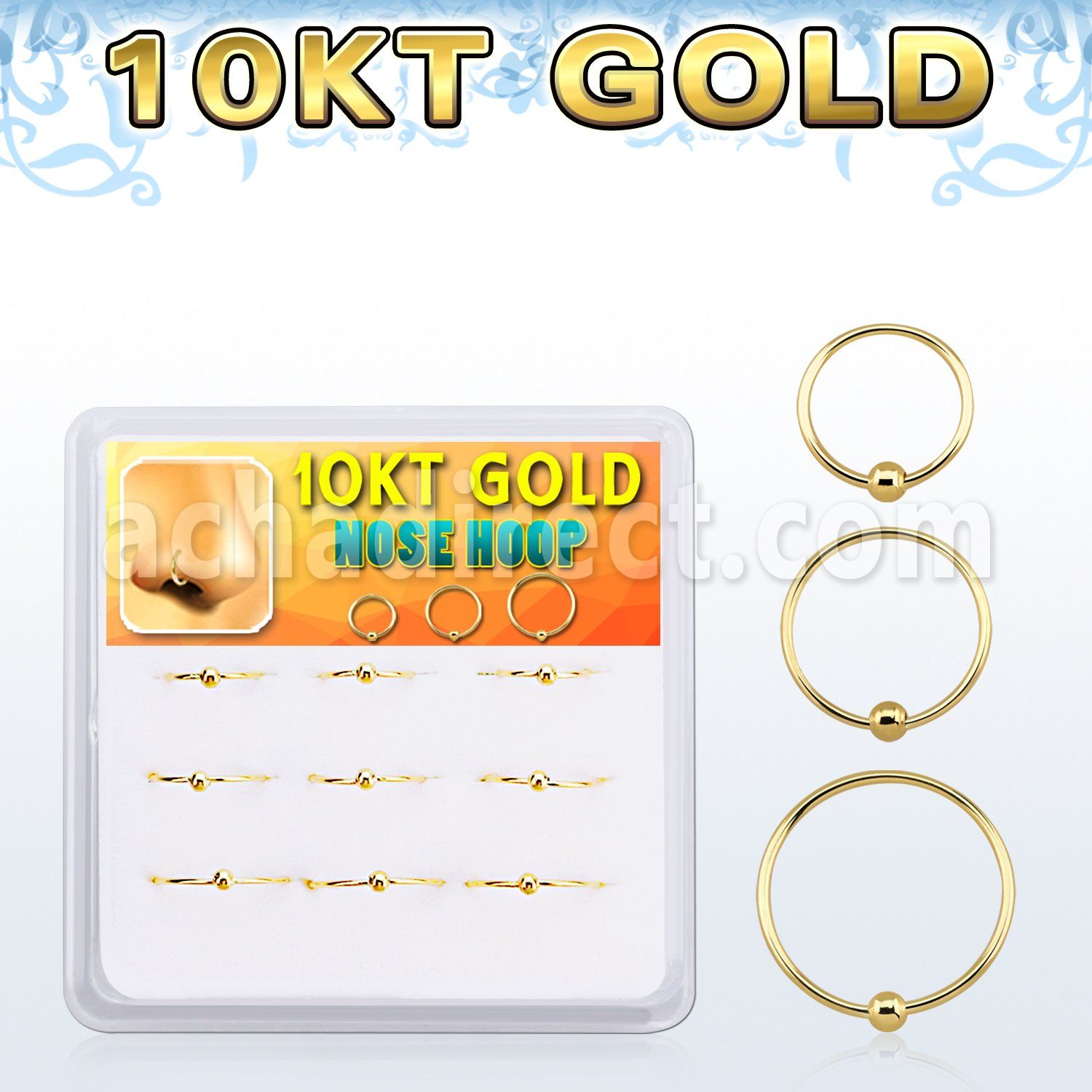 dg10nh1 box w 9 solid 10k gold endless nose hoops w ball