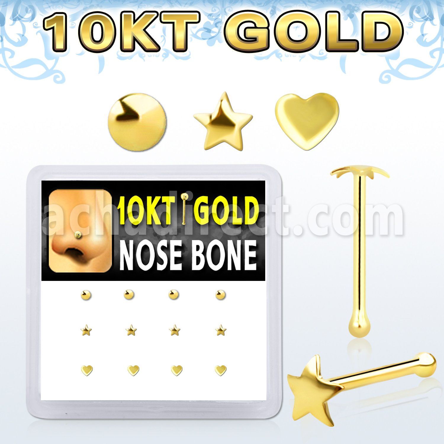 dginb10 10kt gold nose bone with star, heart and disc gold tops 
